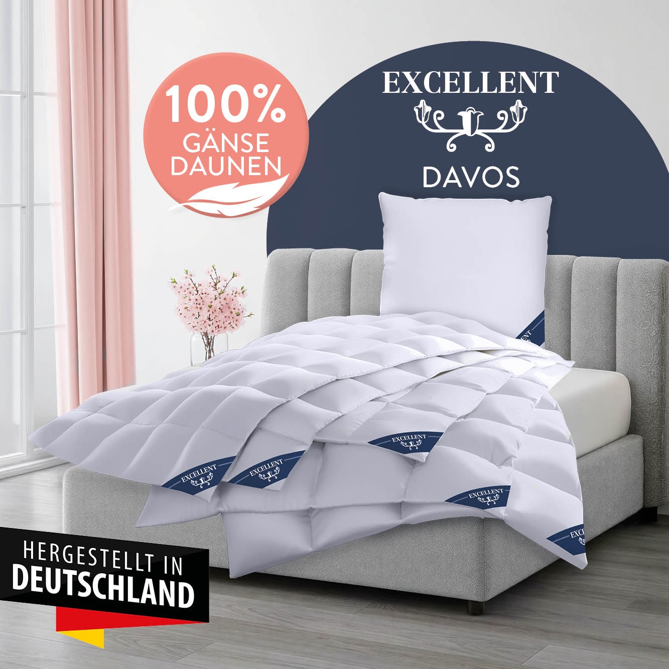 Excellent Gänsedaunenbettdecke "Davos, Bettdecken für Sommer und Winter, Decke" warm Füllung 100% Gänsedaunen 1 Stk. tlg. Bettdecke 135x200 cm, 155x220cm und weitere Größen, Made in Germany