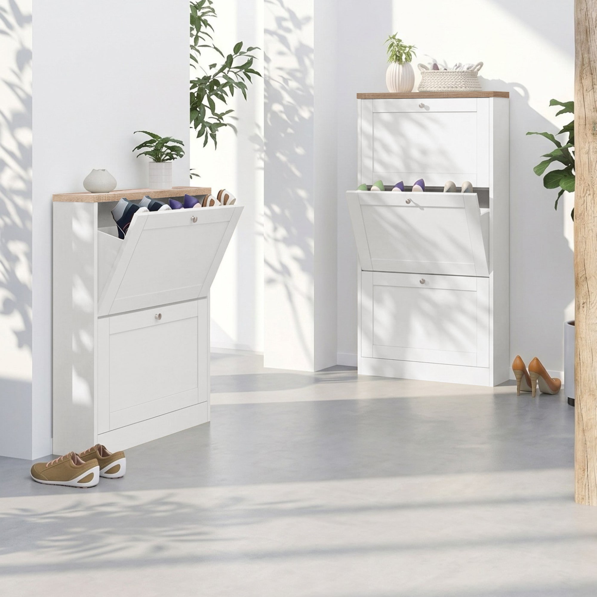 OTTO home Schuhschrank »Heide Schuhkommode mit 2 Klappen für 6-8 paar Schuhe« aus massiver Kiefer mit 2 Klappen und Facettenfront, Metallgriffe