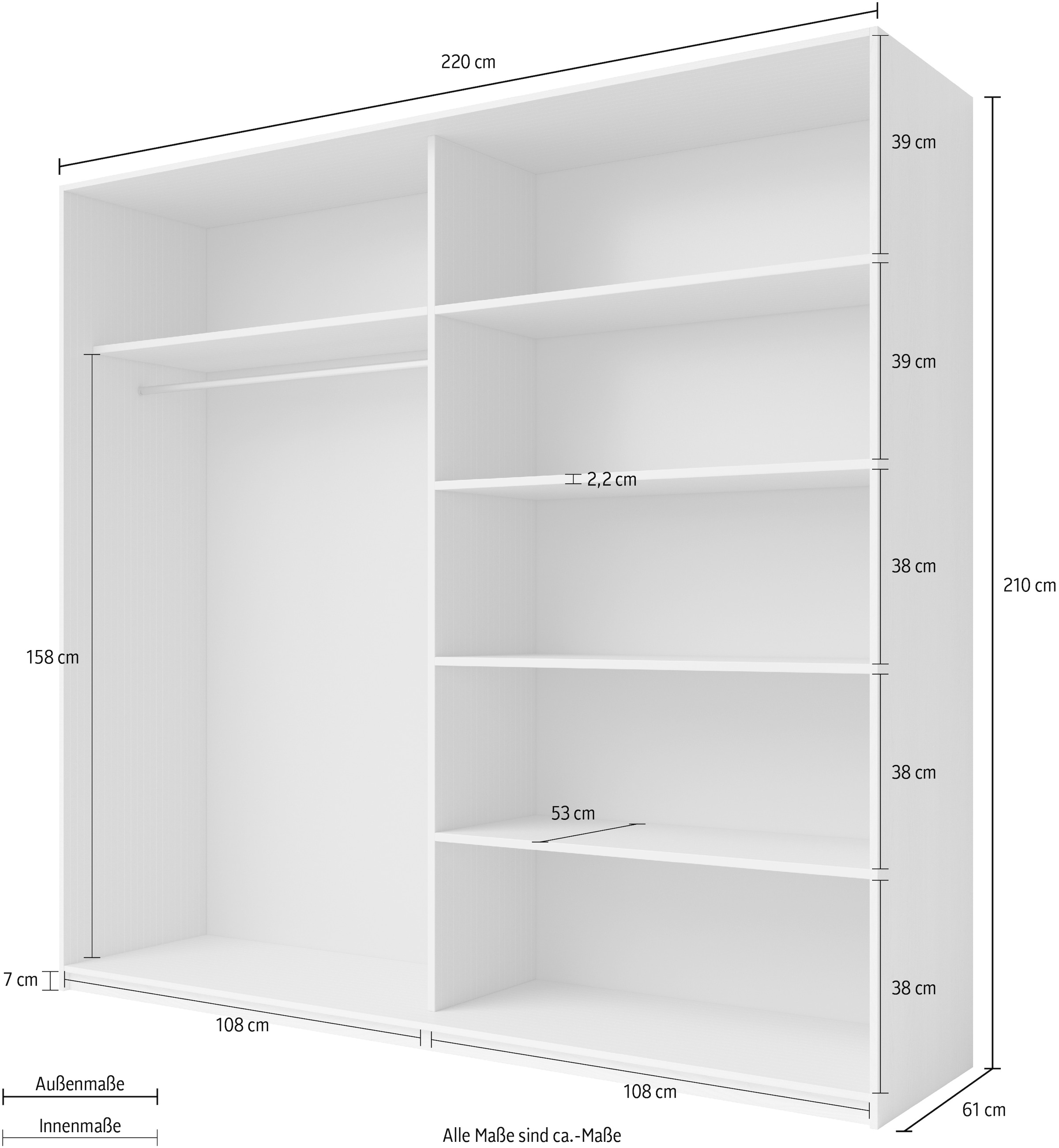 INOSIGN Schwebetürenschrank »Galaxy Kleiderschrank, Wäscheschrank 200, 220 oder 270cm breit«, INKLUSIVE kompletter Innenausstattung, Metallgriffe
