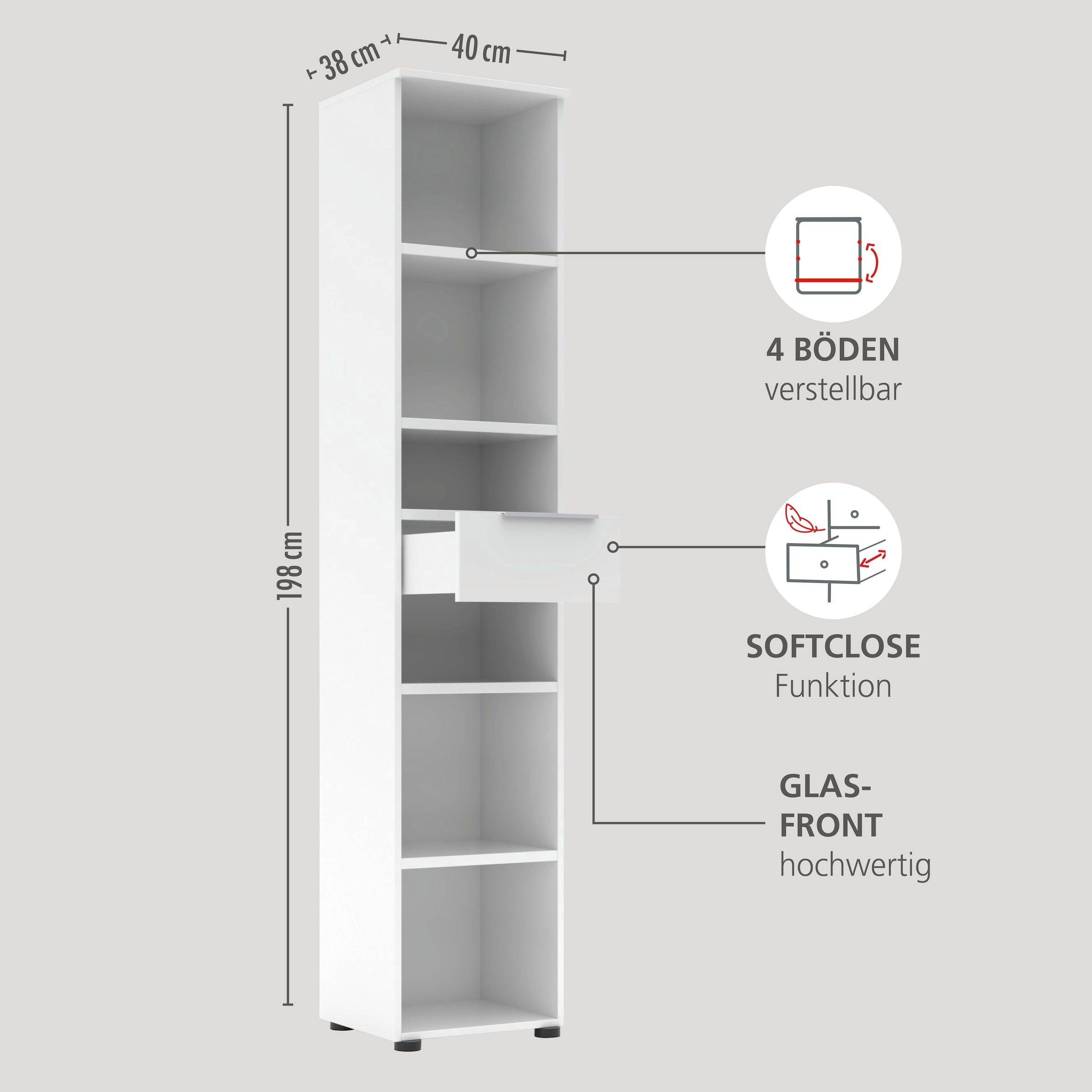Innostyle Aktenregal »Büroregal Santorin, 40x 198x 38 cm (B/H/T)« 1 Stk. tlg. 1 Schubkasten, 6 offene Fächer, Softclose, Metallgriff
