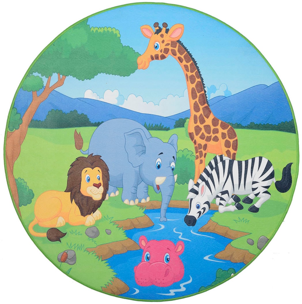 »Wasserstelle«, Kinderteppich Zootiere, Carpet Böing rund, Kinderzimmer waschbar, bedruckt, Motiv