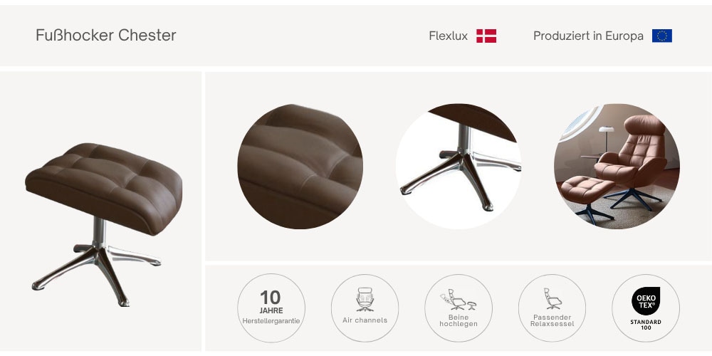 FLEXLUX Fußhocker »Chester, Beinauflage, Entspannung, Hoher Komfort, Ergonomisch«, Scandi Design, Schwarzer Fuß, Pflegeleicht, Stoff oder Echtleder