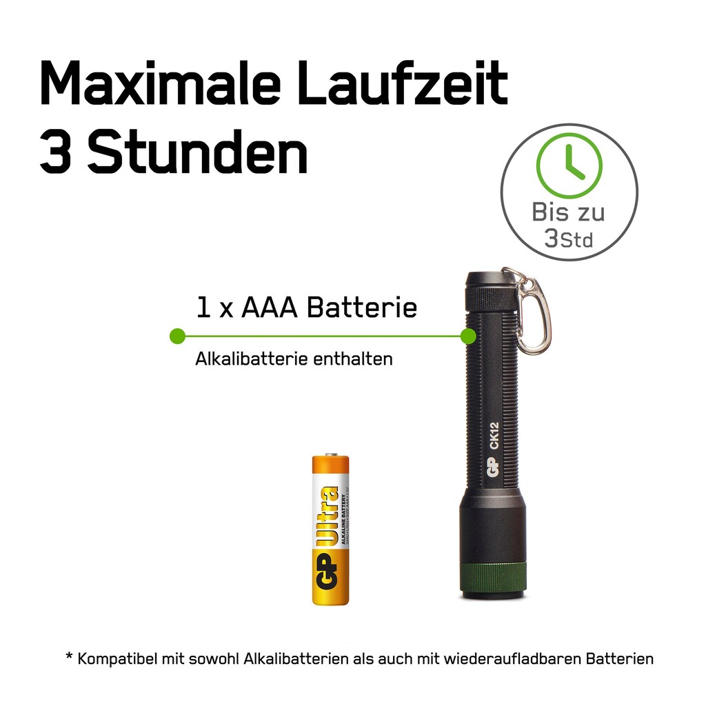 GP Batteries Taschenlampe »CK12«, 20 Lumen, inkl. 1x AAA Batterie, Metallgehäuse, IPX4, Leuchtweite 25
