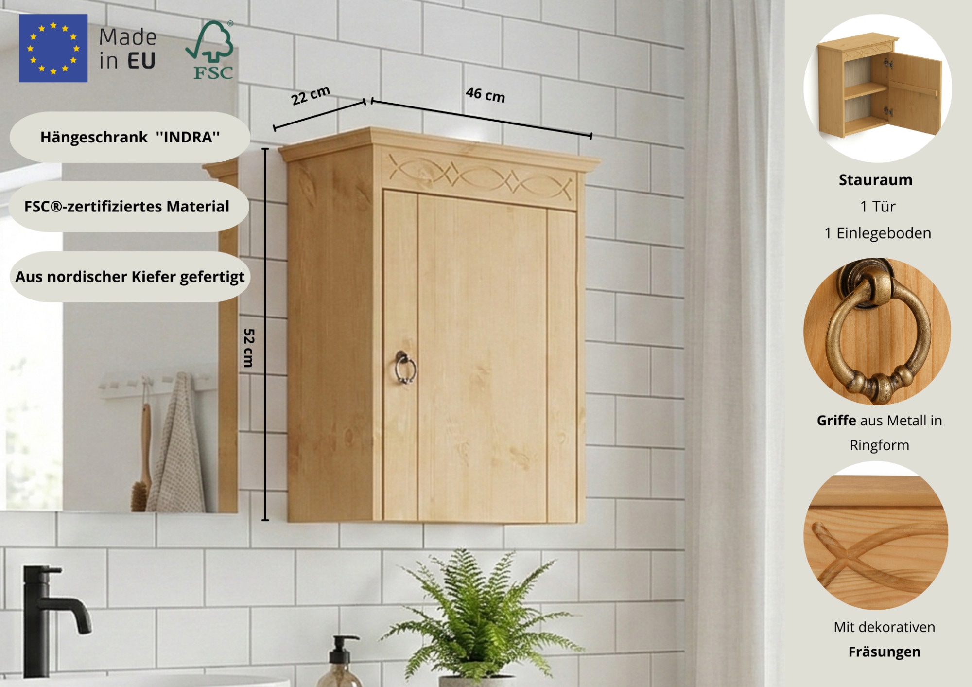 OTTO home Hängeschrank »Indra, Badschrank, Badmöbel, Badezimmerschrank« B/T/H: 46/32/52 cm,  aus massiver Kiefer, FSC®-zertifiziert