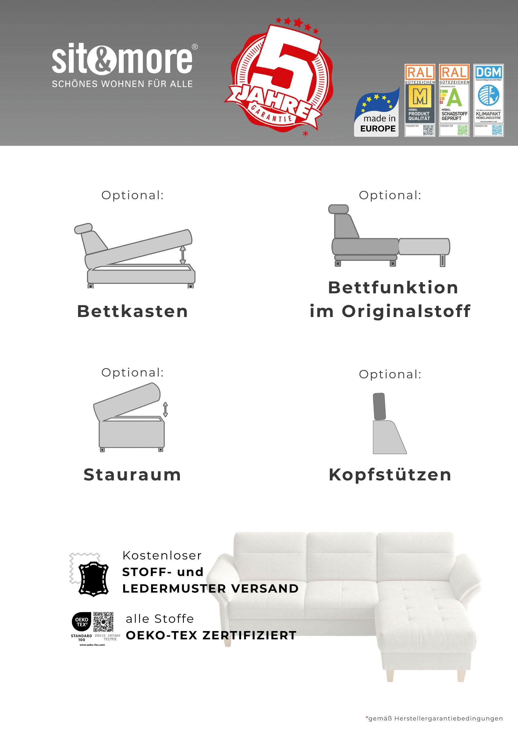 sit&more Ecksofa »Pamela, B: 218 cm, L-Form, wahlweise mit Schlaffunktion und Bettkasten« mit Federkern
