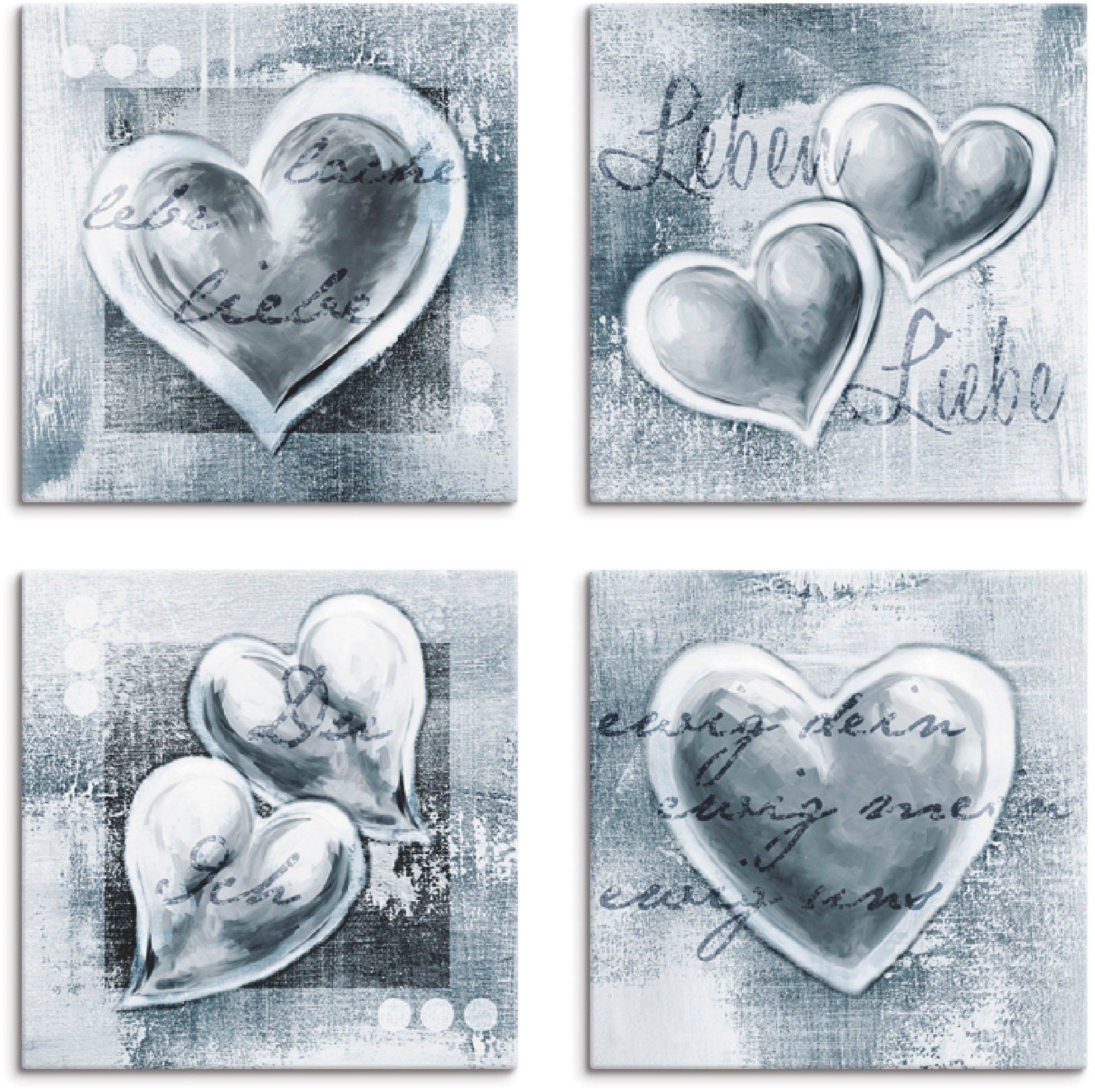 Artland Leinwandbild "Lache Lebe Liebe Leben" Herzen 4 Stk. tlg. 4er Set, verschiedene Größen