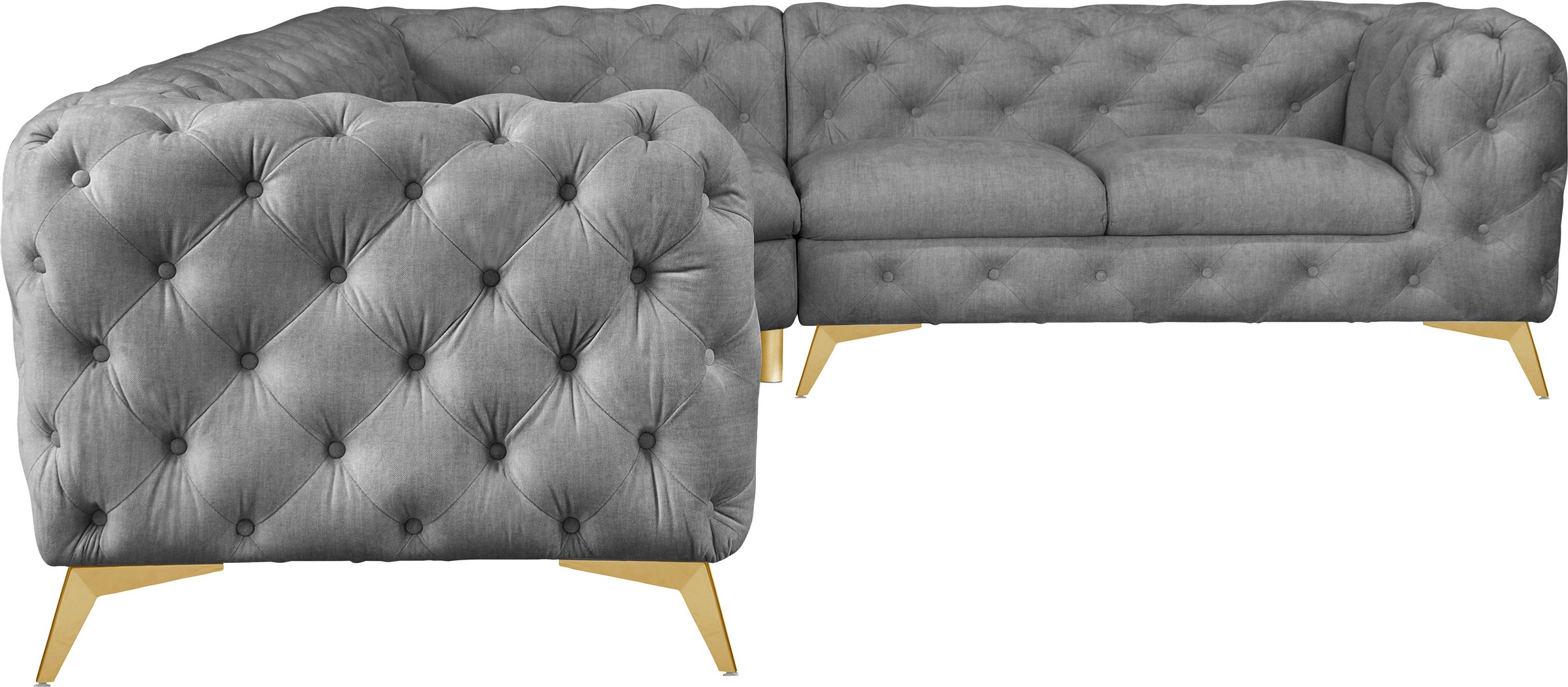 Leonique Chesterfield-Sofa »Ecksofa GLYNIS L-Form mit Wellenunterfederung, Maße B/T/H 323/264/75cm«, aufwändige Knopfheftung, moderne Chesterfield Optik, Fußfarbe wählbar
