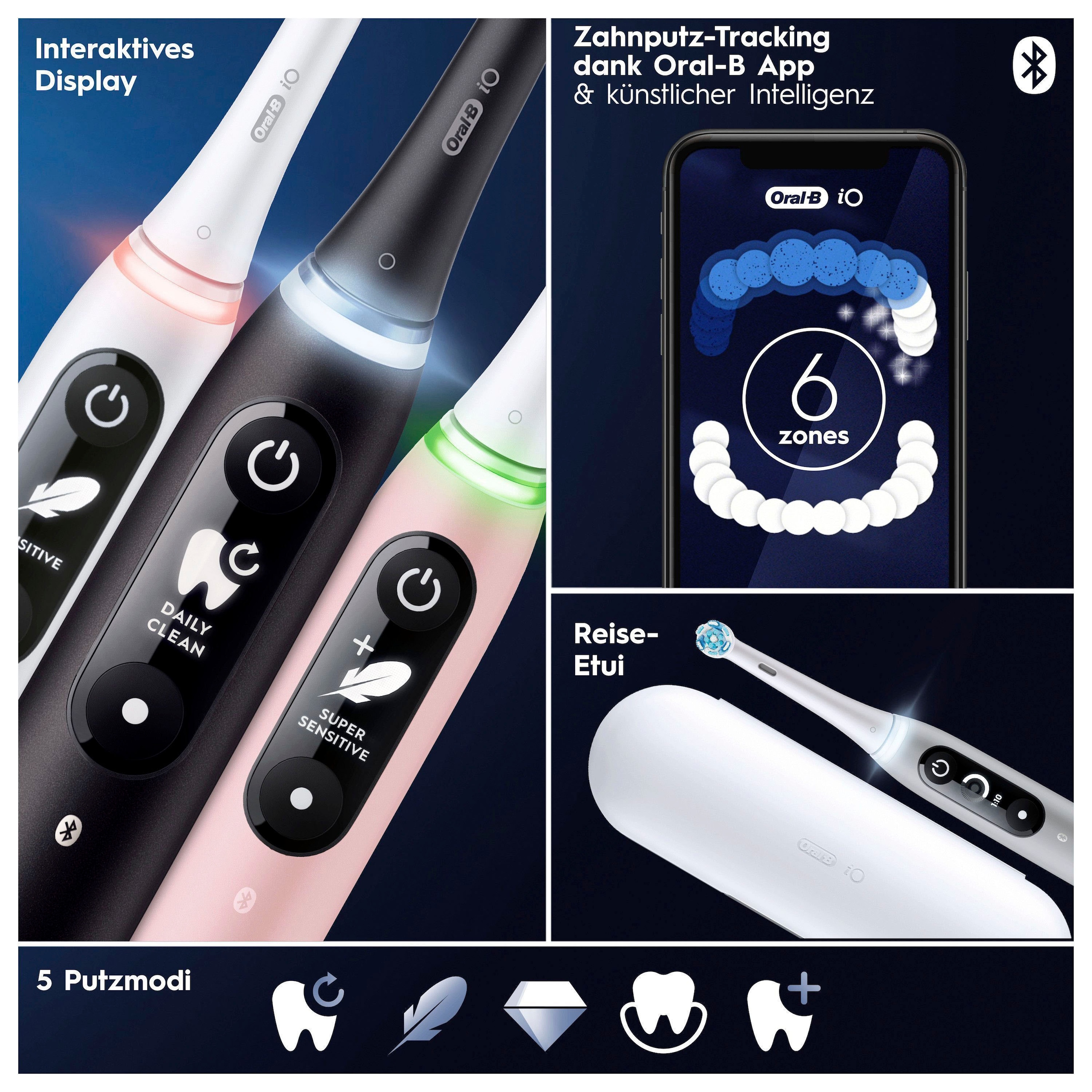 Oral-B Elektrische Zahnbürste Putzmodi, mit 5 XXL Reiseetui 2 Display, Jahren »iO Magnet-Technologie, Garantie 3 Aufsteckbürsten, 6«, mit St