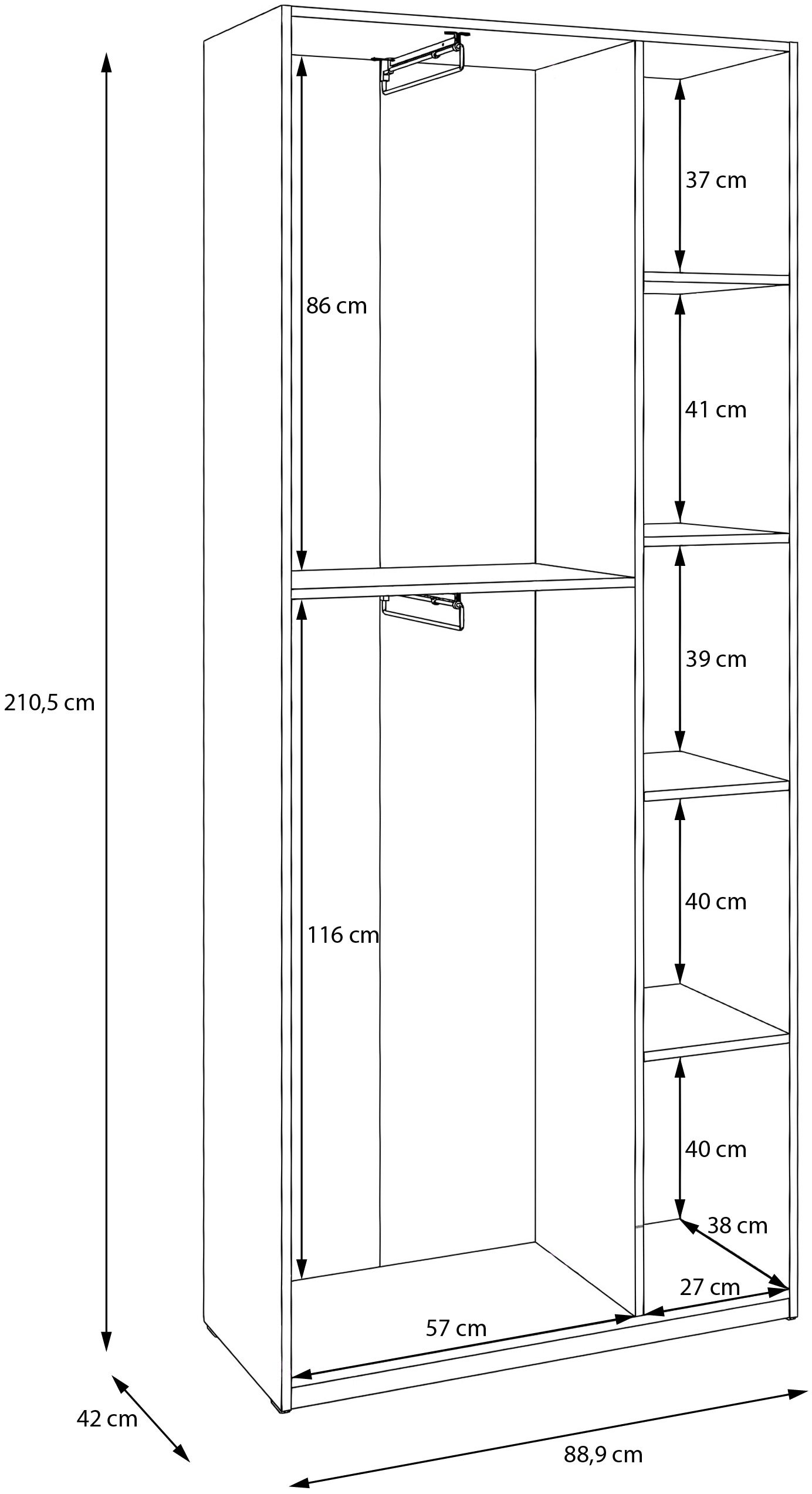 FORTE Kleiderschrank B/H/T 88,9/210,5/42 cm, stehende Montage