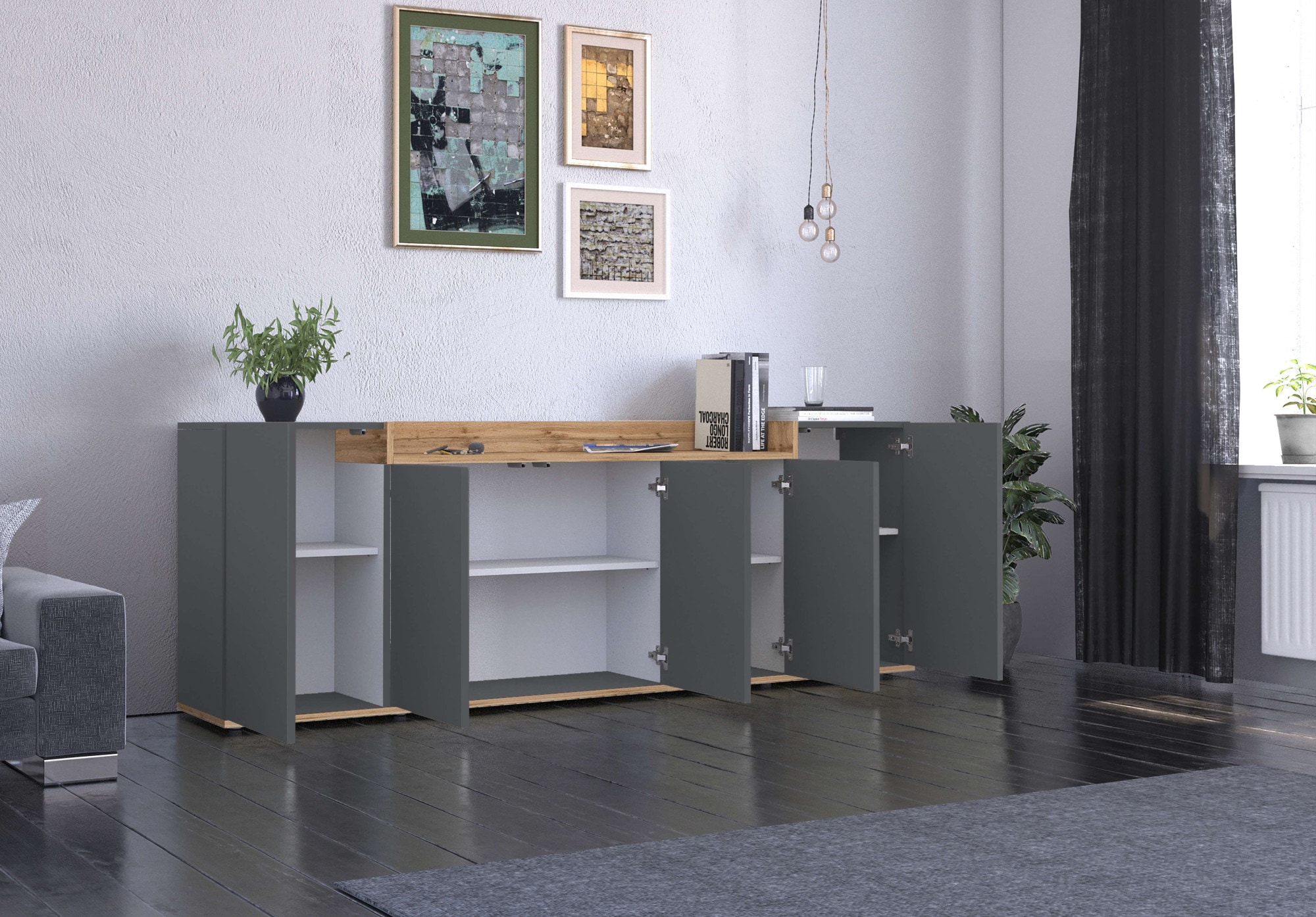 OTTO home Sideboard »BOLSENA, Kommode, Schrank,Lowboard mit 8 Fächer und offenes Ablagefach« 1 Stk. tlg. stehend/hängend montierbar, Made in Italy, B/T/H: 200 × 35 × 71,2 cm