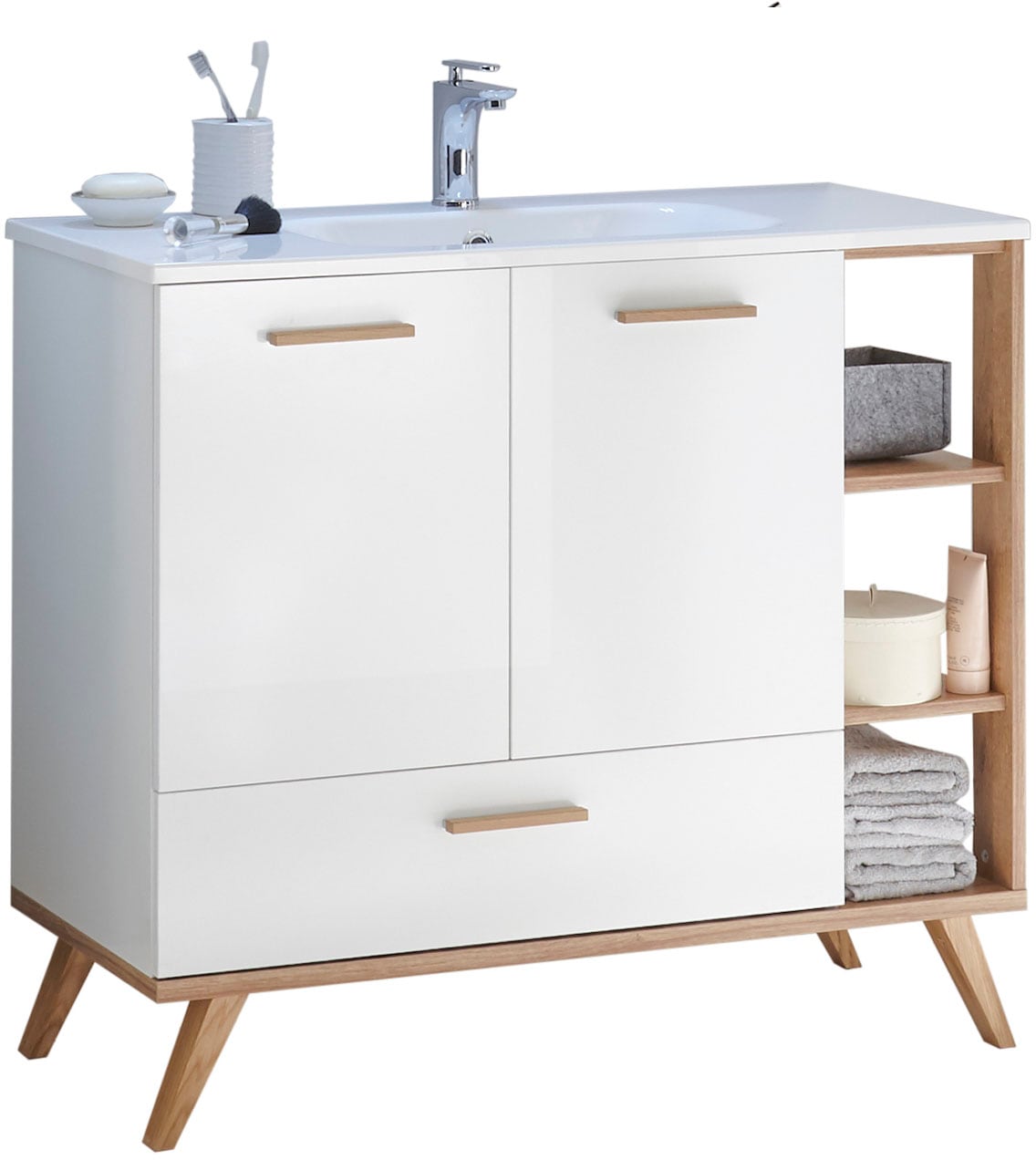 Saphir Badmöbel-Set »Quickset Mineralmarmor-Waschtisch mit LED-Spiegelschrank«, (2 St.), Waschplatz 115 cm breit, 5 Türen, 1 Schublade, inkl. Türdämpfer