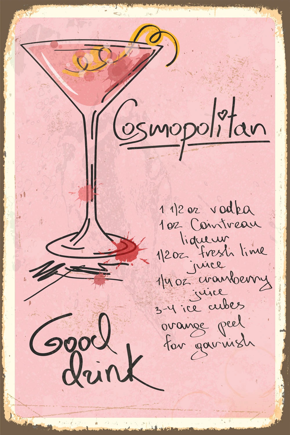 queence Metallbild "Cosmopolitan" Getränke  Schriftzug  Sprüche  Sprüche & Texte 1 Stk. tlg. Stahlschild, Blechschild, Rezept, Cocktail, rosa, Wanddeko