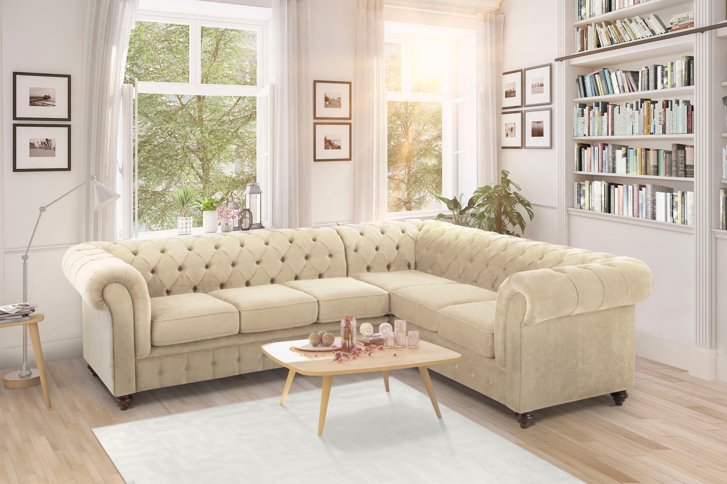 Home affaire Chesterfield-Sofa »Duc Ecksofa L-Form«, hochwertige Knopfheftung im Rücken, Samtoptik mit changierender Optik