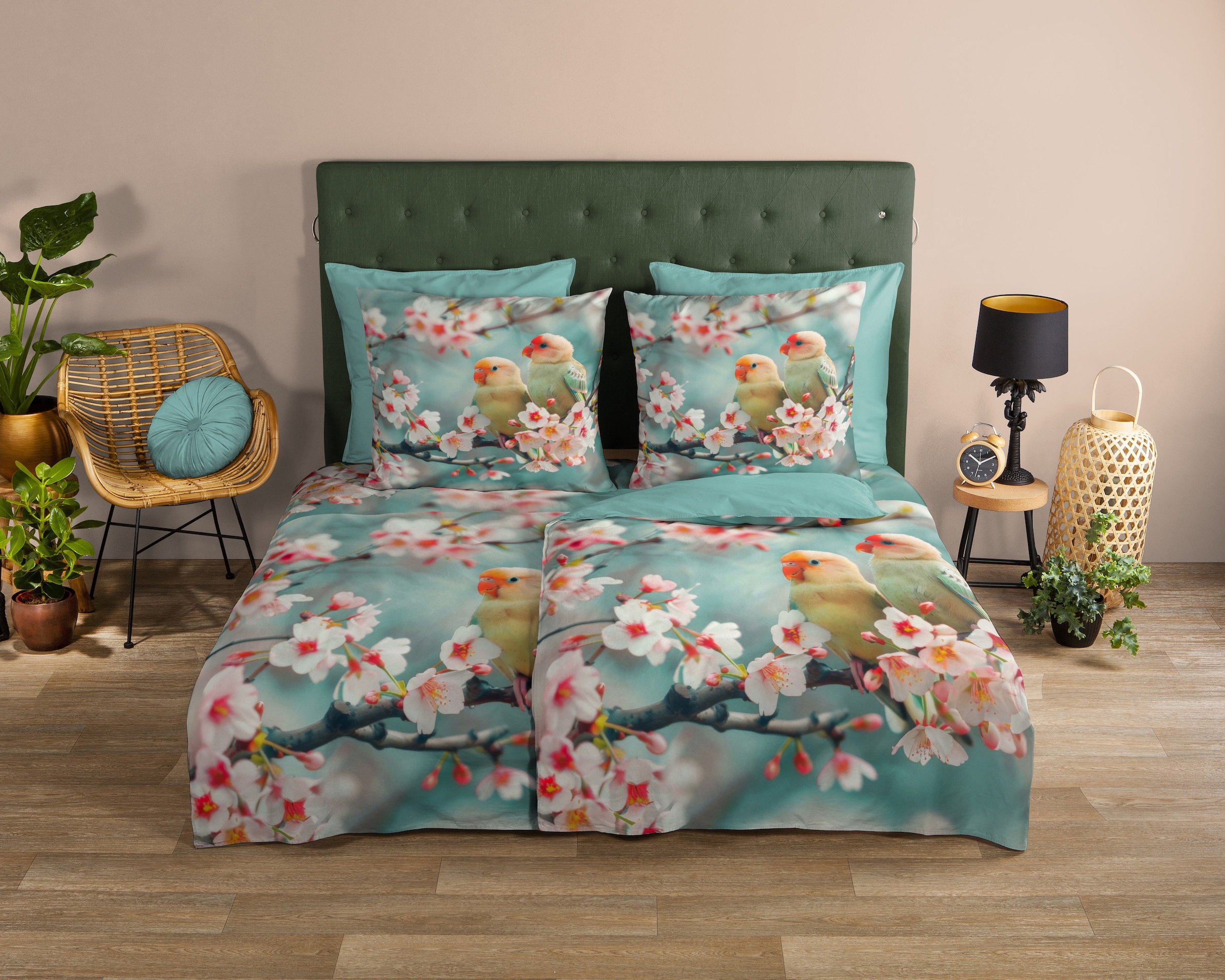 good morning Wendebettwäsche »Chibi«, 100% Baumwolle, Renforcé, Reißverschluss, Wendeoptik, Vogel, aqua