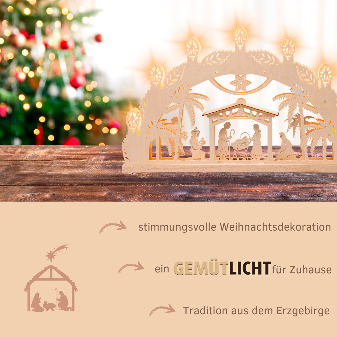 Weigla LED Schwibbogen »Bethlehem, Holz Lichterbogen, NATUR, Christi Geburt, Made in Germany« 1 Stk. Erzgebirge garantiert, Weihnachtsdeko Innen, Weihnachtsbeleuchtung