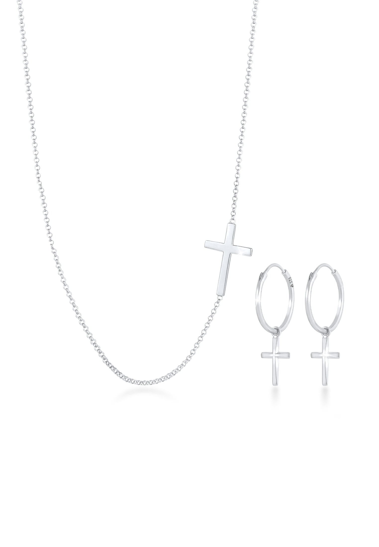 Elli Ohrring und Ketten Set »Schmuckset Kette Creolen Ohrringe Kreuz Religion 925 Silber« ()