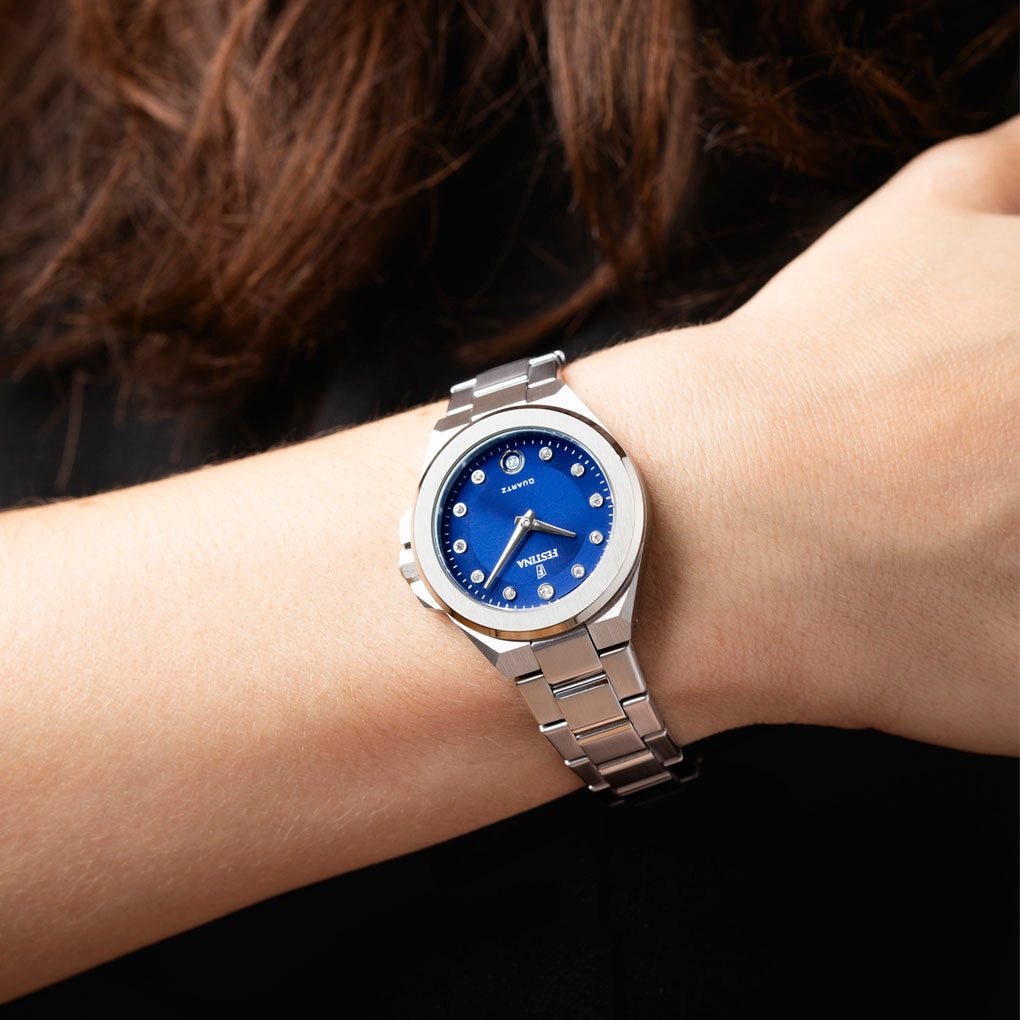 Festina Quarzuhr »Mademoiselle«, Armbanduhr, Damenuhr, Edelstahlarmband, analog, Tag, Zirkonia (synth.)