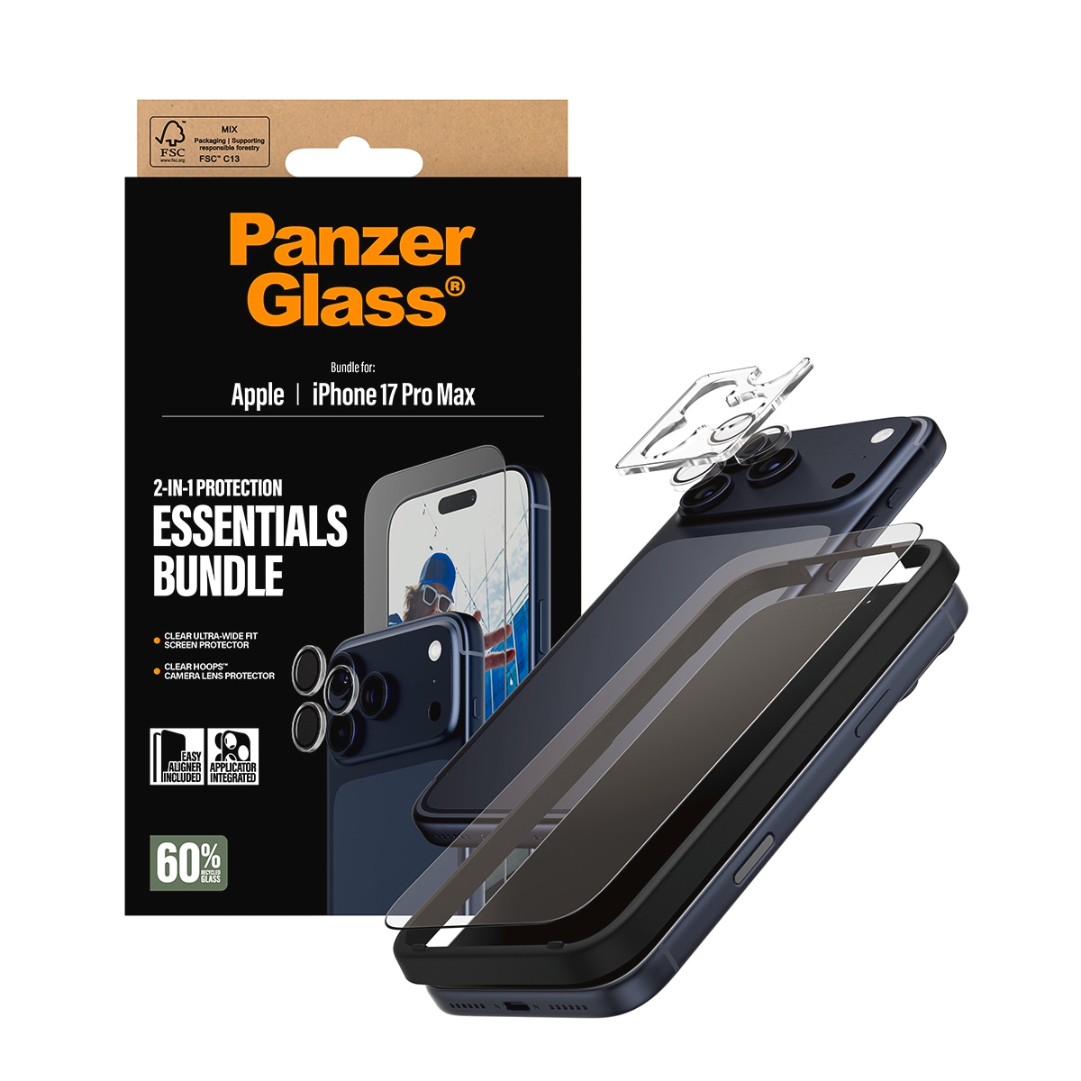 CARE by PanzerGlass Displayschutzglas »2-in-1 Protection Essentials Bundle« für Apple iPhone 17 Pro Max Displayschutzfolie, Schutzfolie, Bildschirmschutz, kratz- & stoßfest