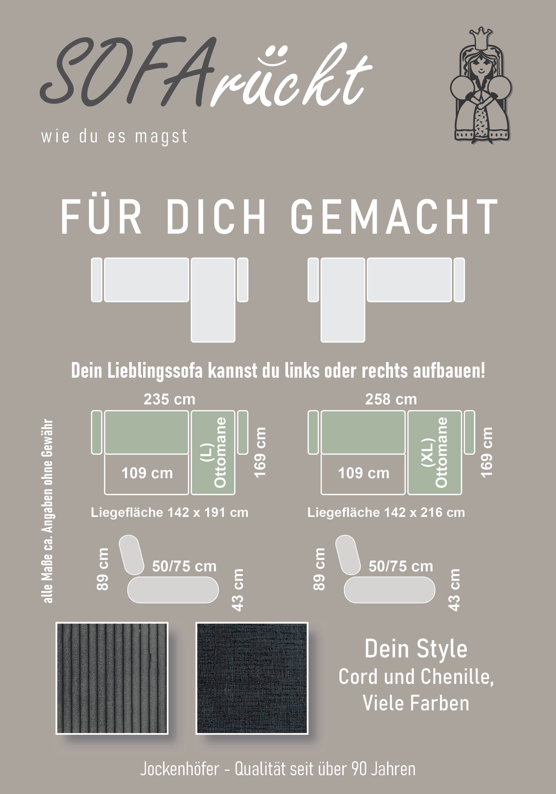 Jockenhöfer Gruppe Ecksofa »Saalbach, L-Form, Breite 261cm«, inkl. Bettfunktion & Bettkasten, Ottomane links/rechts montierbar
