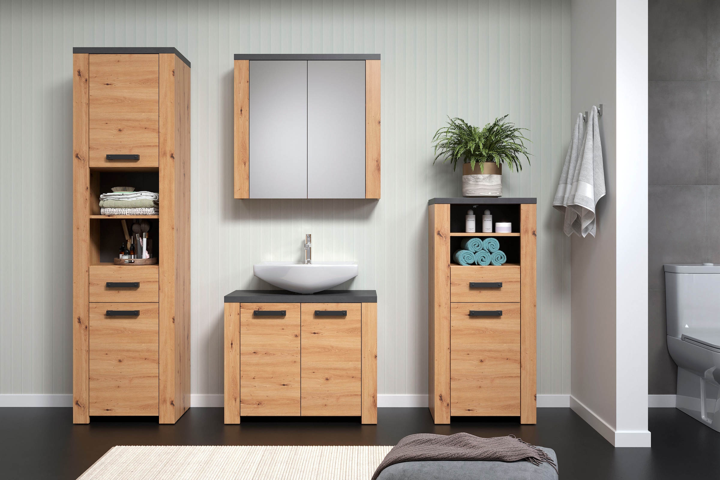 welltime Midischrank »Ambres«, (1 St.), Badschrank in matter Echtholzoptik - Maße (B/T/H) 53/35/118 cm