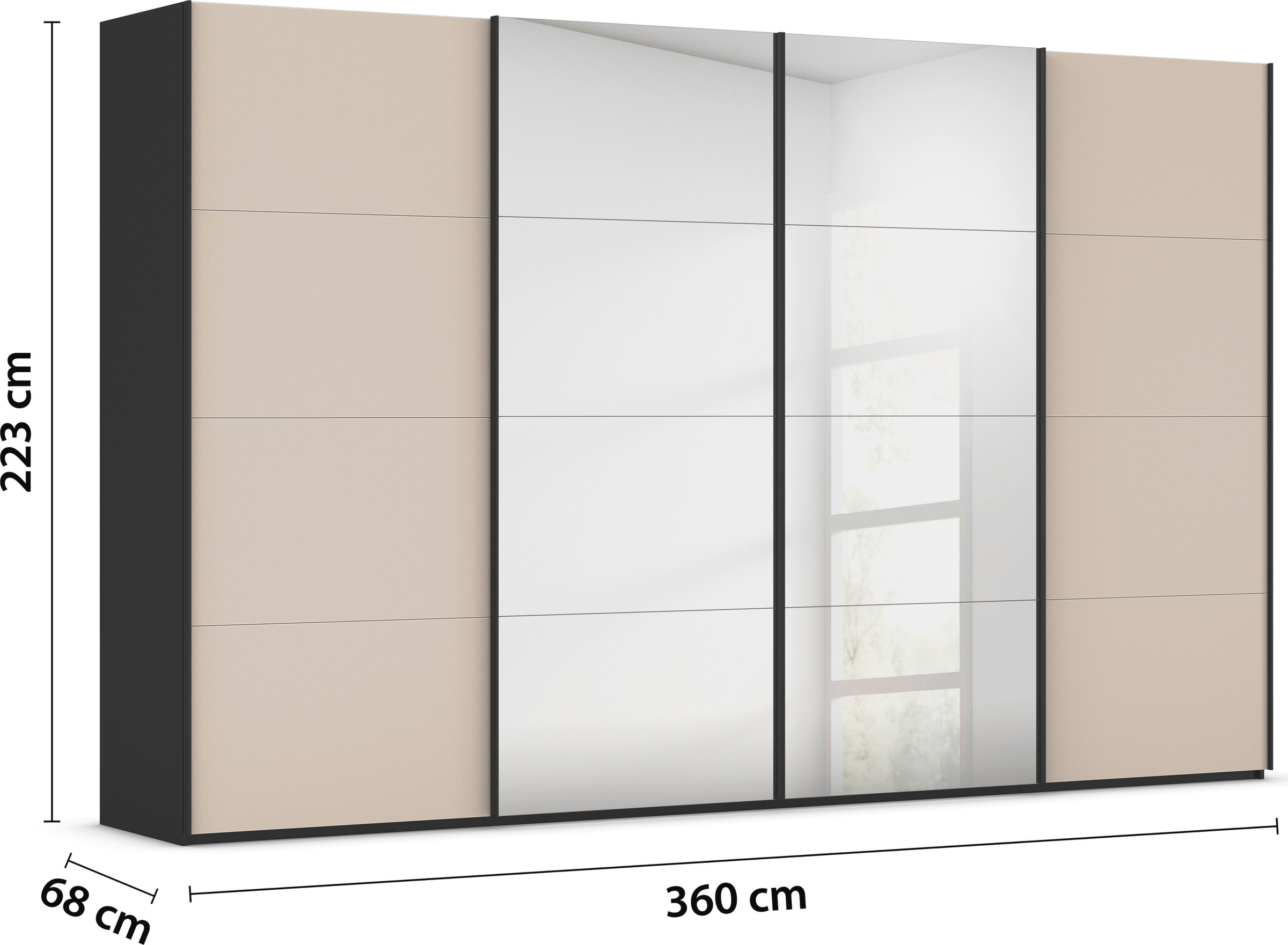 rauch Schwebetürenschrank »Kleiderschrank Schrank Garderobe Schlafzimmerschrank SCALE-FYRA«, edle viergeteilte Türen Spiegel/Glas-Mix viele Farben MADE IN GERMANY