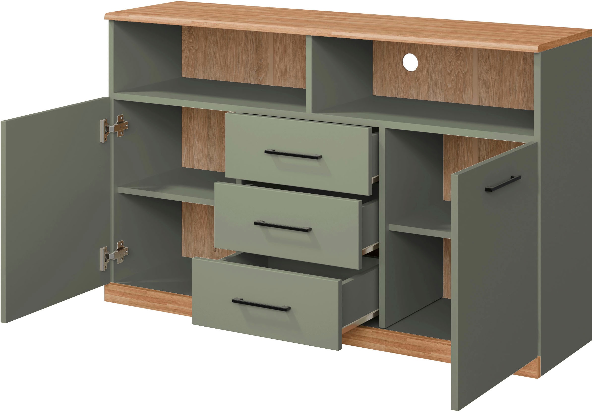 OTTO home Sideboard »Ribe,130cm breit,80cm hoch,Türen und Schubladen,6 Fächer« Oberplatte Eiche massiv,schwarze Metall Griffe