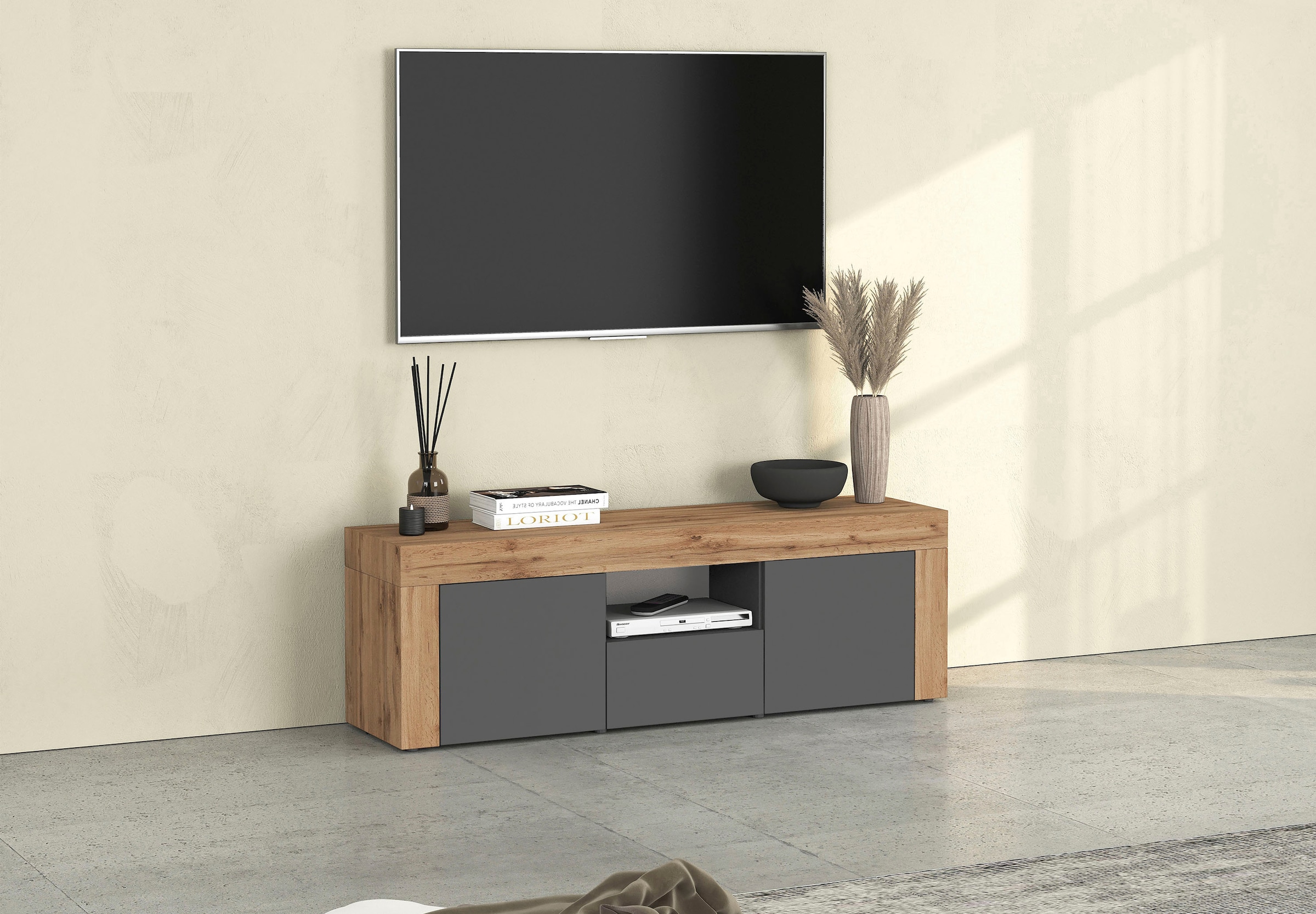 OTTO home Lowboard "CHRONOS Breite 155 cm mit 2 Türen, 1 Schublade,1 offenes Fach" 1 Stk. tlg. TV-Board, Sideboard niedrig, Grifflos mit Push to Open Made in Italy