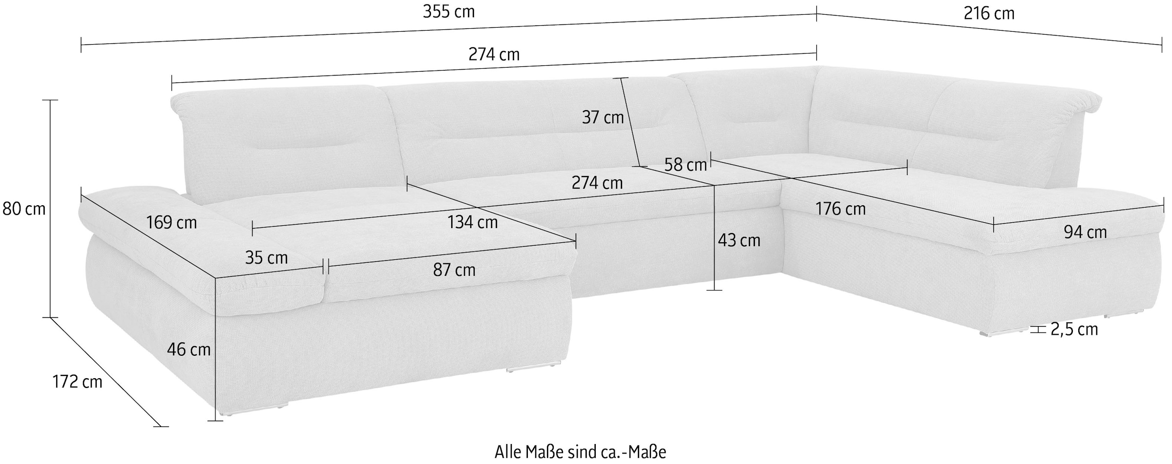 INOSIGN Wohnlandschaft »Avesa U-Form«, Wahlweise mit Armteilverstellung und Bettfunktion, B/T/H: 355/216/80cm