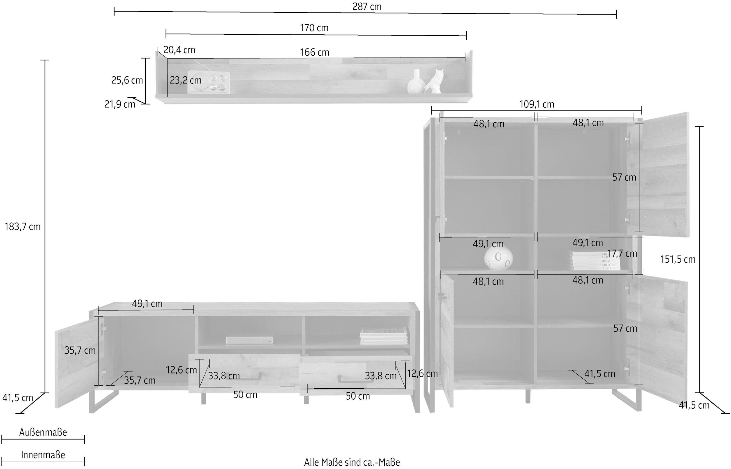 3-tlg.), bestellen Raten Wohnwand, (Set, Metallrahmen 3 auf aus St., FORTE Front/Korpus matt, Holzwerkstoff