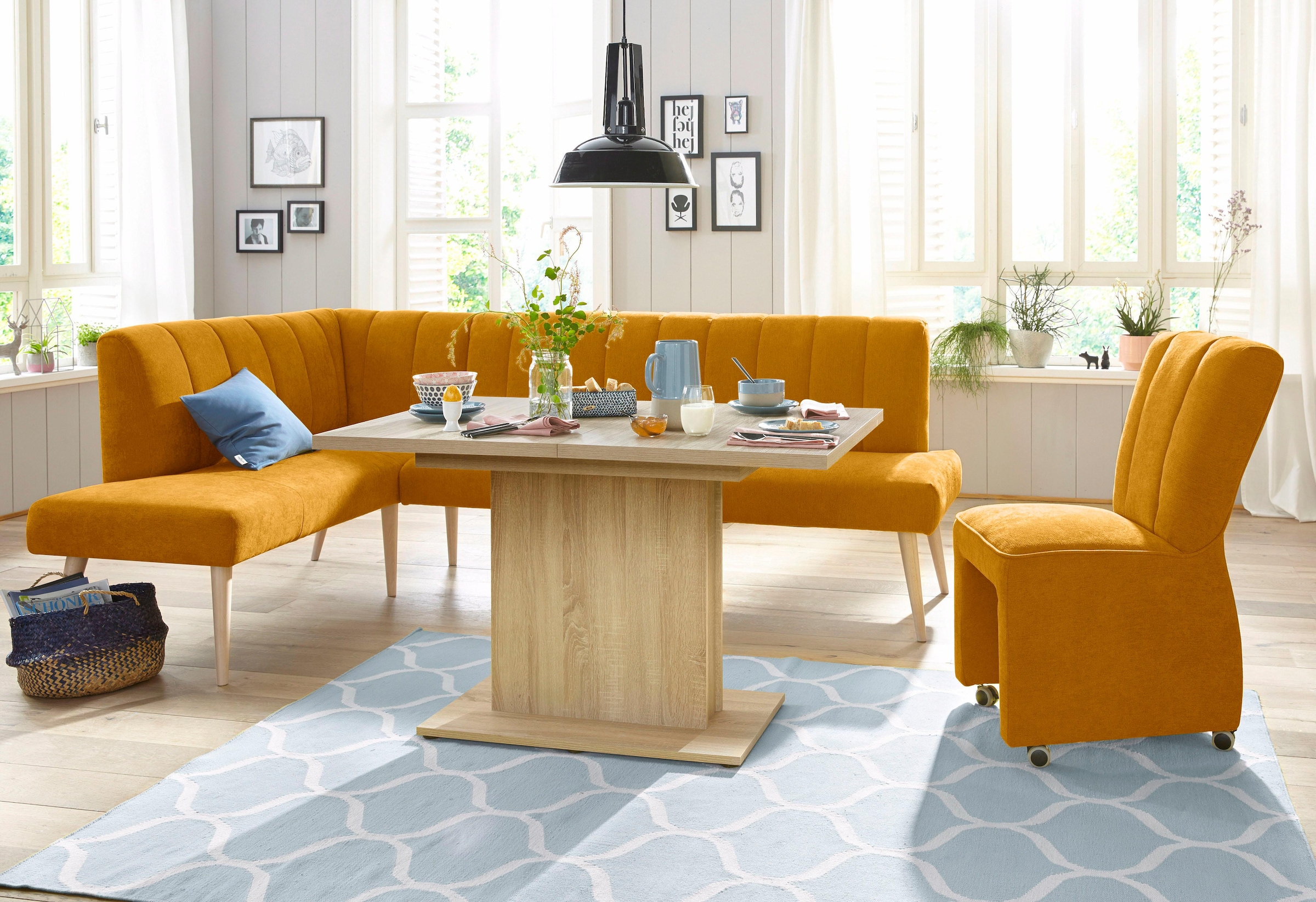 exxpo - sofa fashion Eckbank »Costa, moderne Rückensteppung, bequem und elegant, hoher Holzfuß«, hochwertig verarbeitet, Frei im Raum stellbar