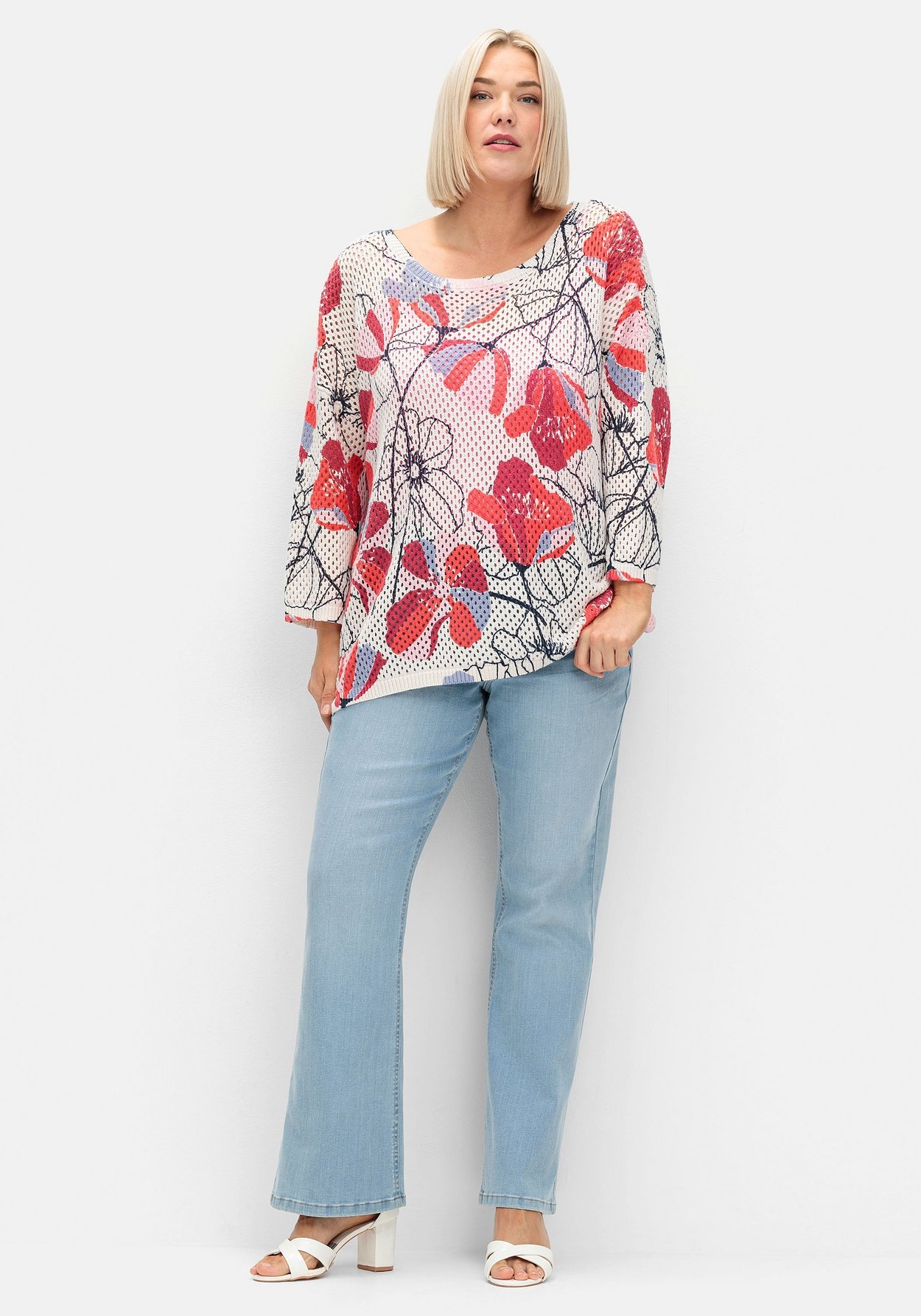 Sheego Rundhalspullover »Pullover im Ajourstrick, mit Blumenmuster«