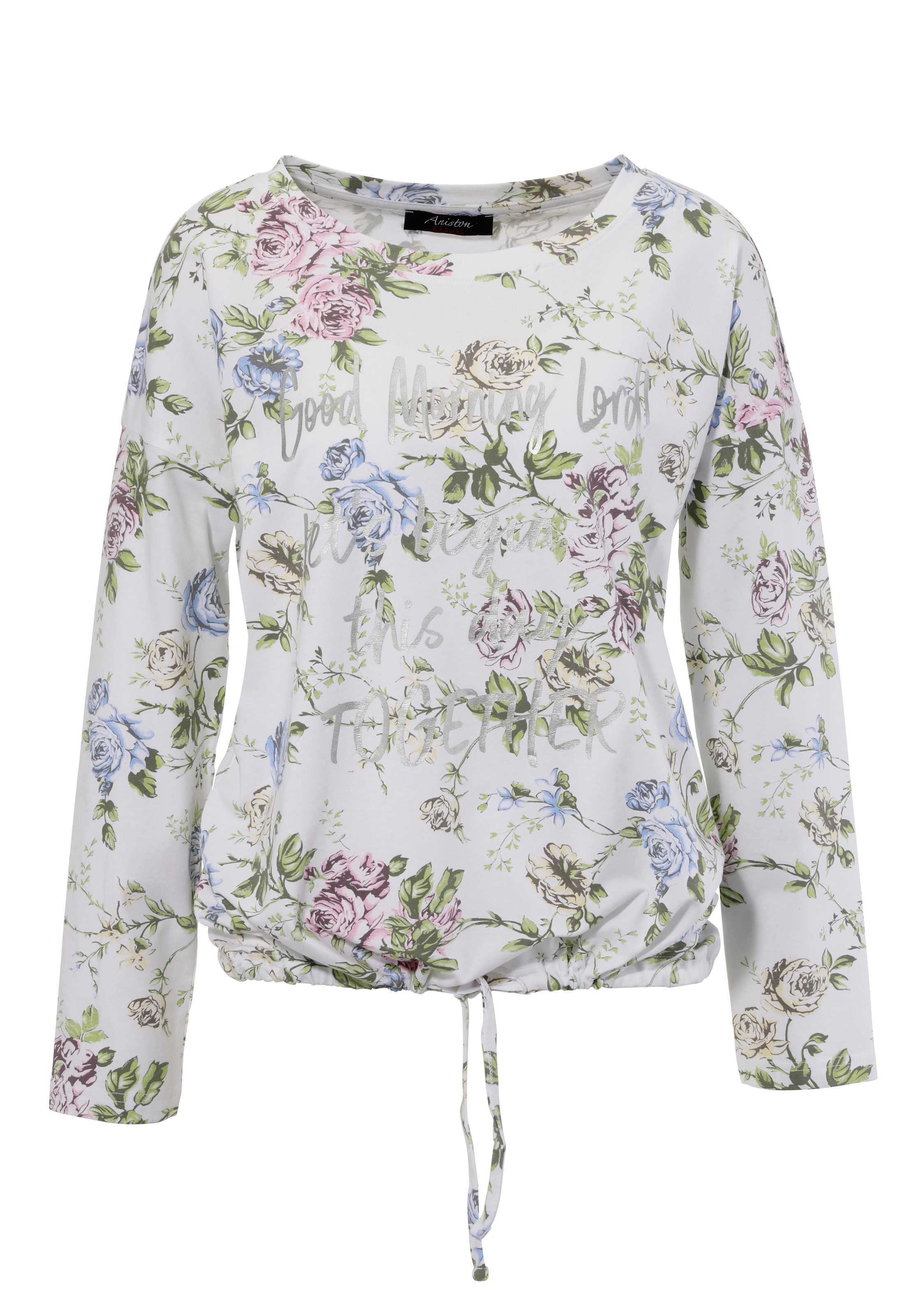 Aniston CASUAL Langarmshirt, mit silberfarbenen Schriftzug verzierter Rosendruck