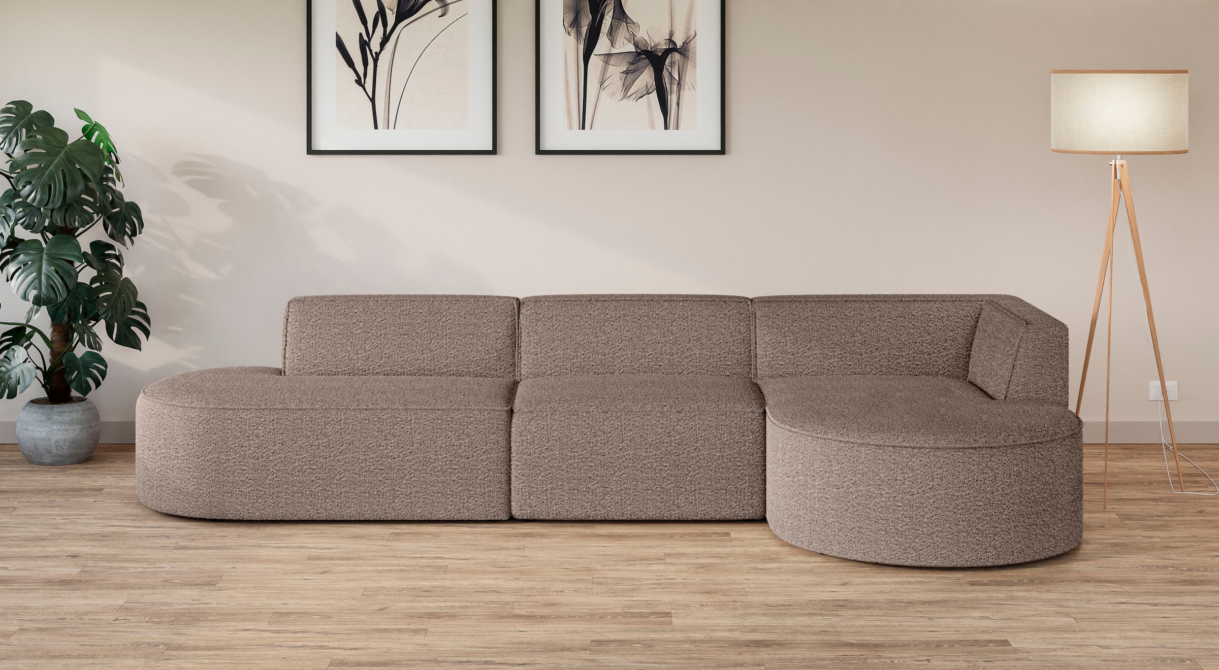 andas Ecksofa »EIVIND Designer Sofa mit Ottomane rechts/links, B/T/H: 343/159/72 cm«, L-Form mit Wellenunterfederung, auch in Feincord und Bouclé