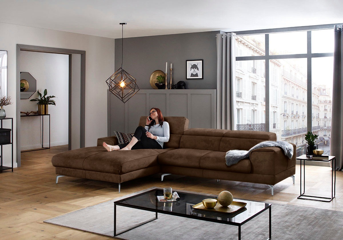 W.SCHILLIG Ecksofa »piedroo, Designsofa mit tollem Sitzkomfort, bequem und elegant, L-Form«, Kopfteilverstellung, wahlweise mit Sitztiefenverstellung, Breite 303cm