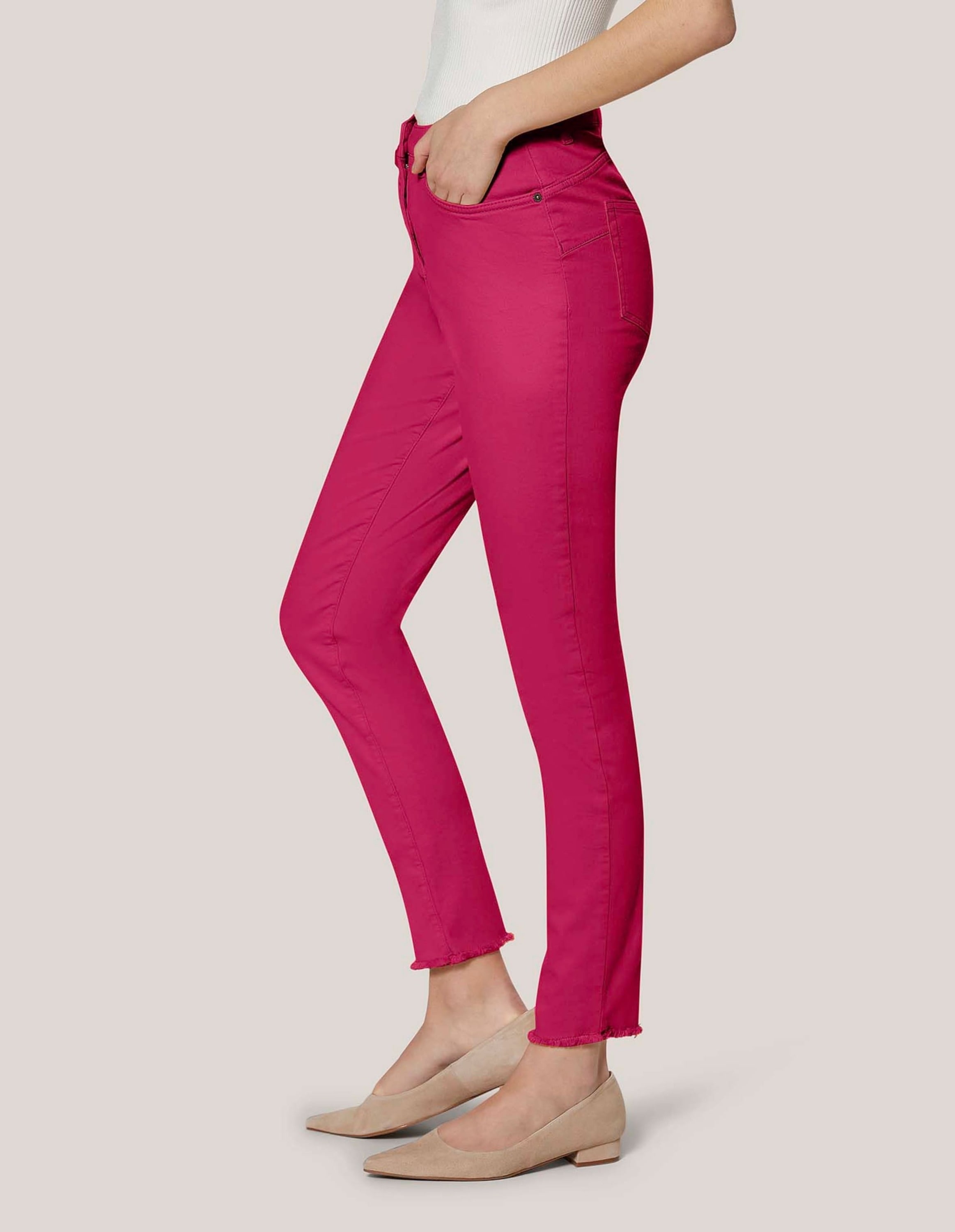 MADELEINE Regular-fit-Jeans »Jeans Mid Waist Skinny-Hose mit Fransen« mit Fransensaum