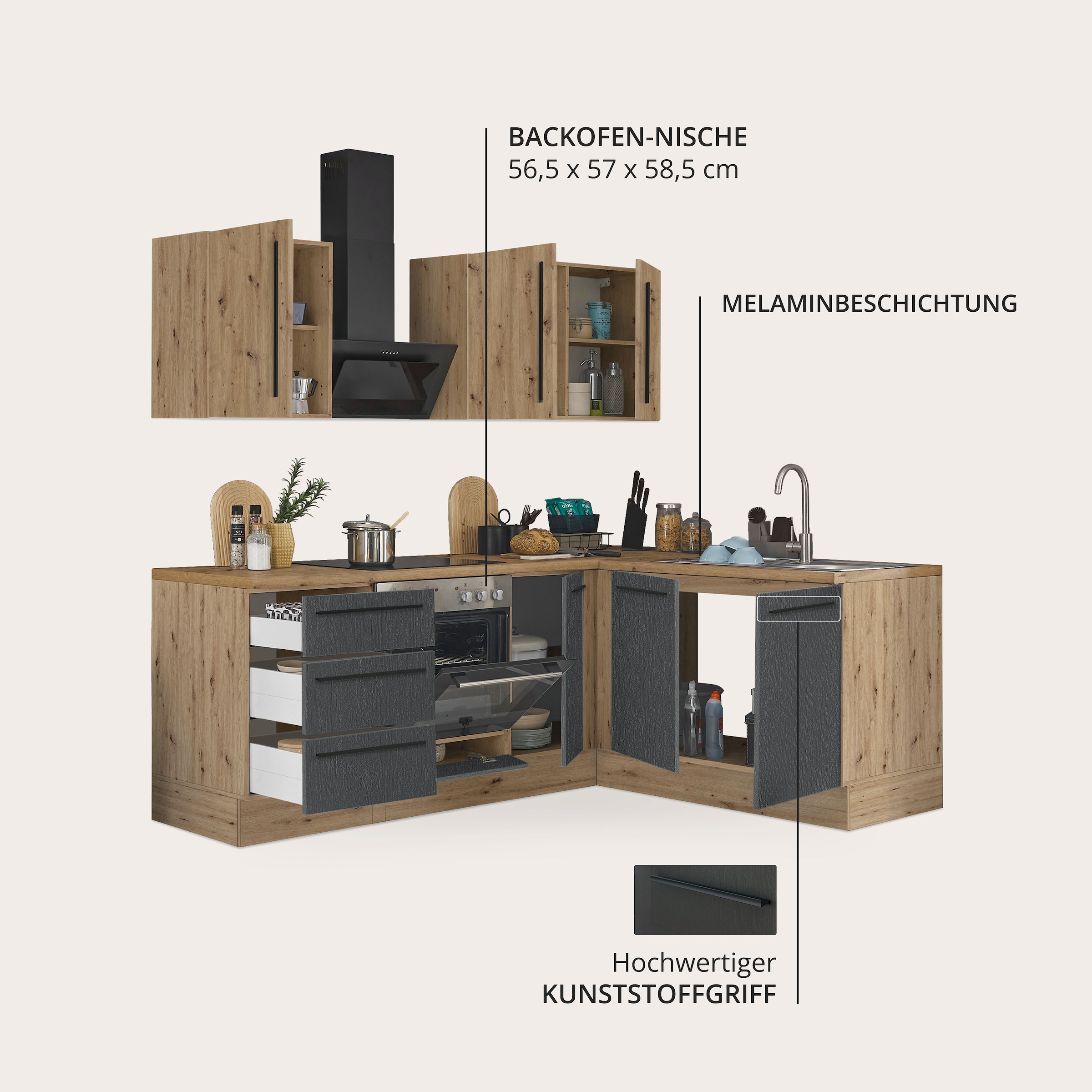 KOCHSTATION Winkelküche »Florida, Stellbreite 210x165 cm« wahlweise mit E-Geräten, mit Softclose für Türen und Schubkästen