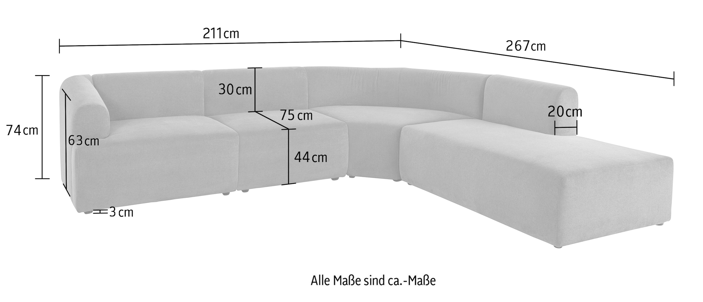LeGer Home by Lena Gercke Ecksofa »LYZA L-Form links/rechts, Modularsofa, Maße B/T/H: 211/267/74 cm«, als Modul oder separat verwendbar, für individuelle Zusammenstellung