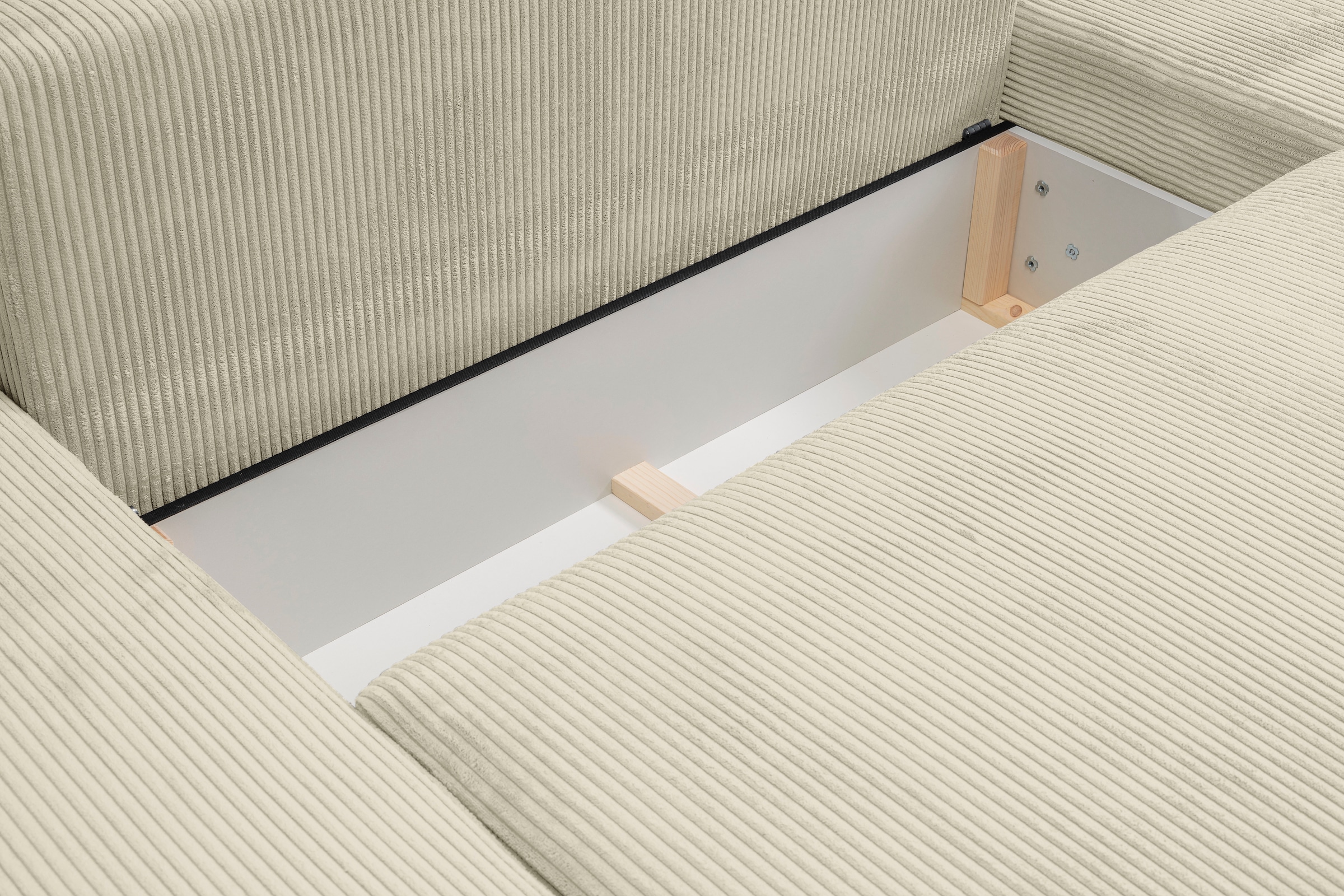 WERK2 Wohnlandschaft »Rotterdam-U, U-Form, in kuschelweichem Cord oder Breitcord«, Design Sofa mit Schlaffunktion & Bettkasten, Cord, Natur