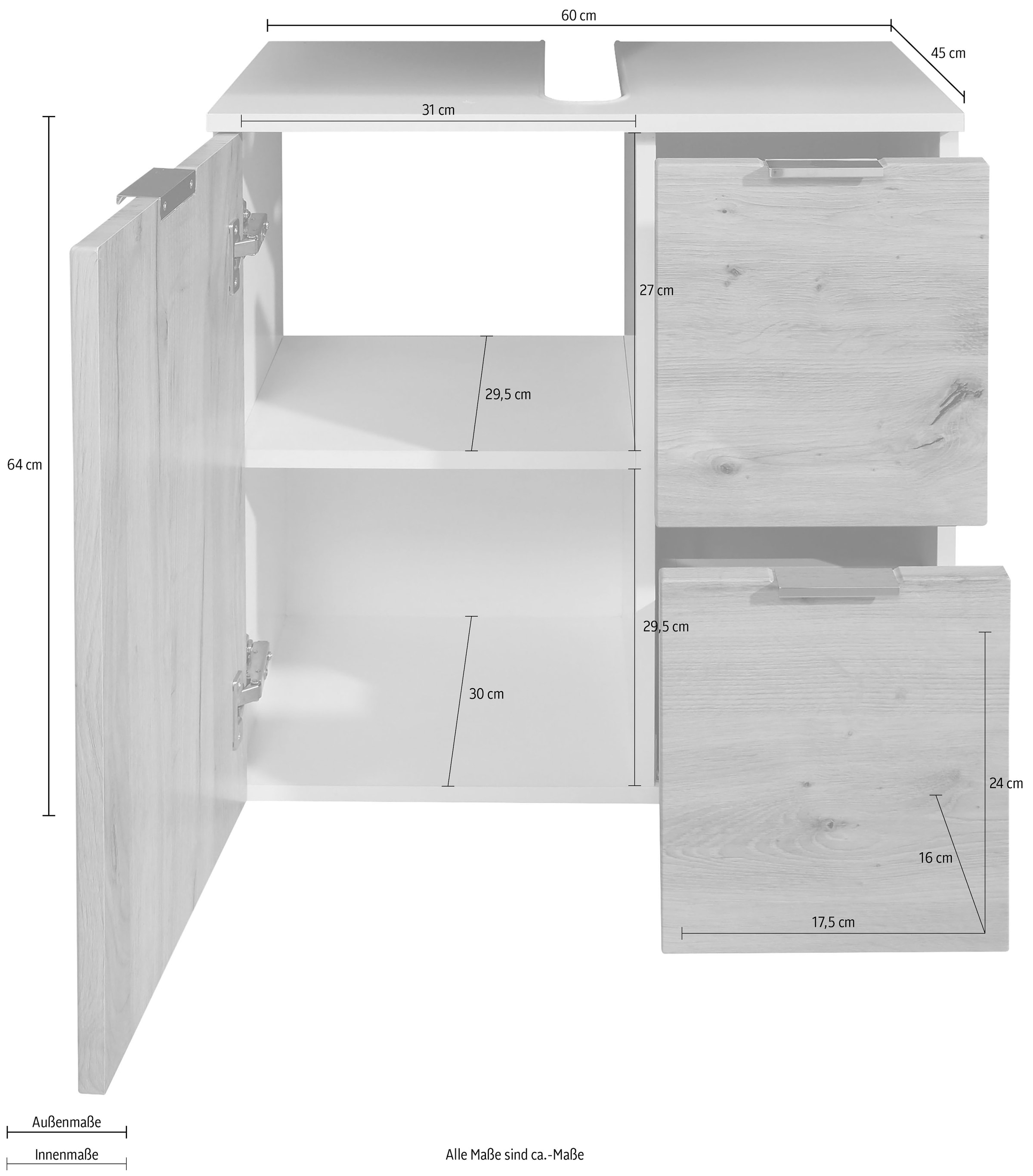 trendteam Waschbeckenunterschrank »Concept One«, Waschtisch mit 2 Fächern und 2 Schubladen in Weiß/Echtholzoptik