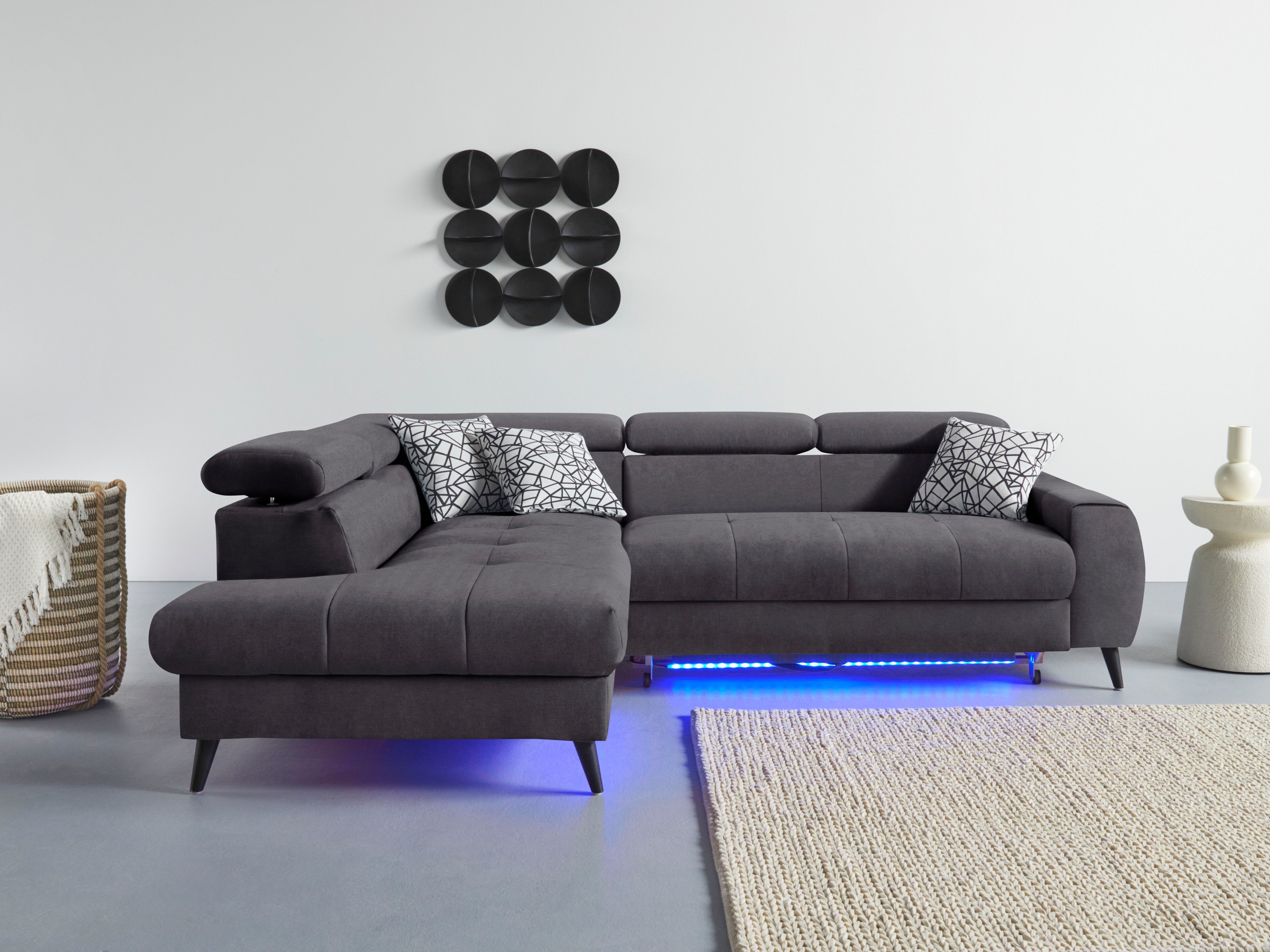 COTTA Ecksofa »Mia L-Form mit 3 Zierkissen«, wahlweise mit Bettfunktion, Bettkasten, Beleuchtung & Wireless-Charger
