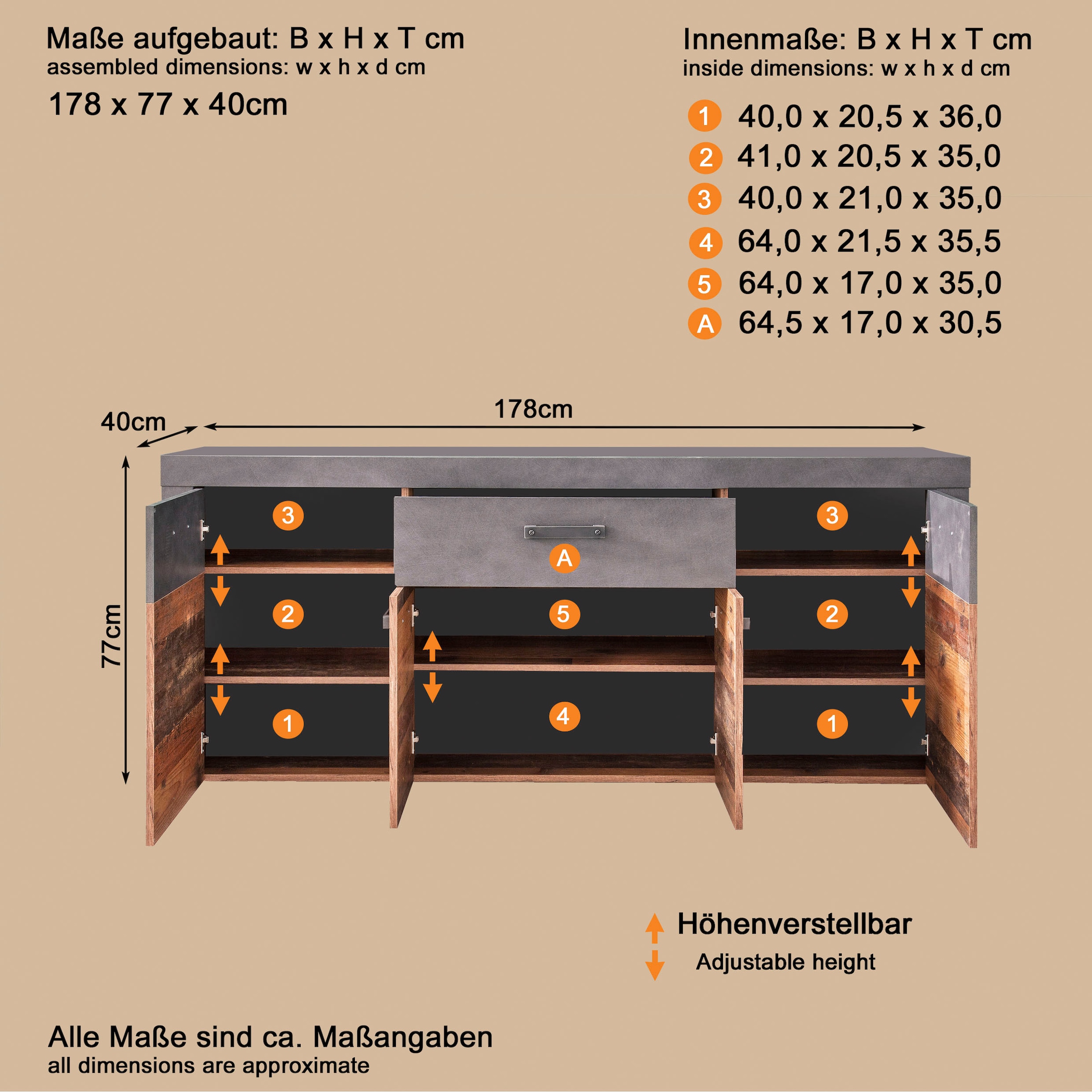 INOSIGN Sideboard »Ilana« Sideboard mit 4 Türen & 1 Schublade - (B/T/H) 178/40/76 cm