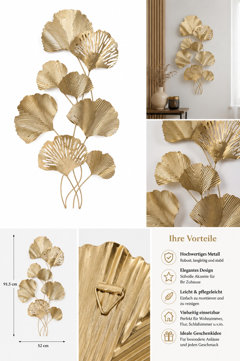 OTTO home Wanddekoobjekt »Ginkgo-Blätter in goldfarben oder türkis« Wanddekoration aus Metall, groß: 91,5x52cm