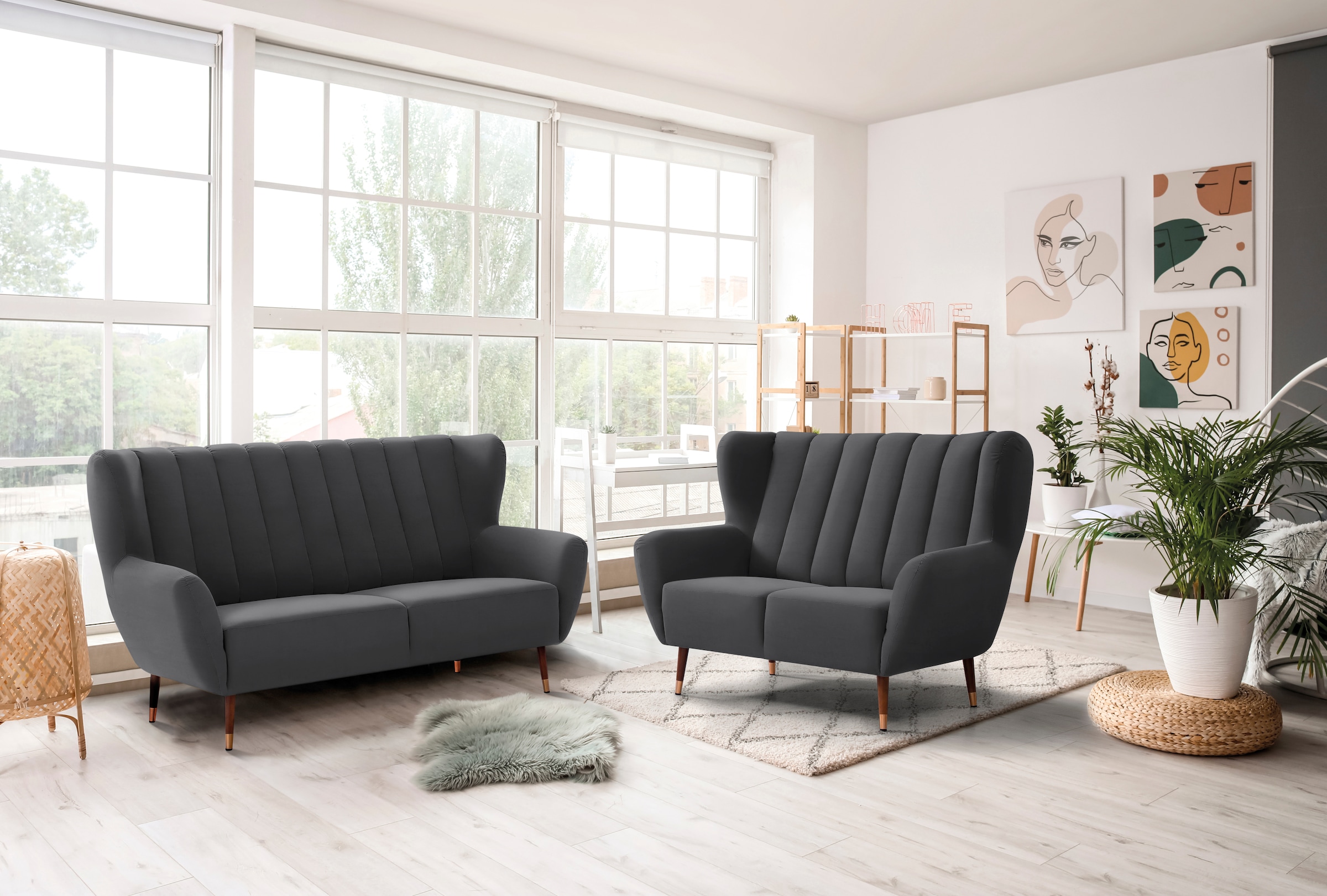 exxpo - sofa fashion 2-Sitzer »Polly, bequem mit hoher Rückenlehne, hohe Füße, Ohrensesselcouch«, Küchensofa, hochwertige Bezugsvarianten und aktuelle Farben