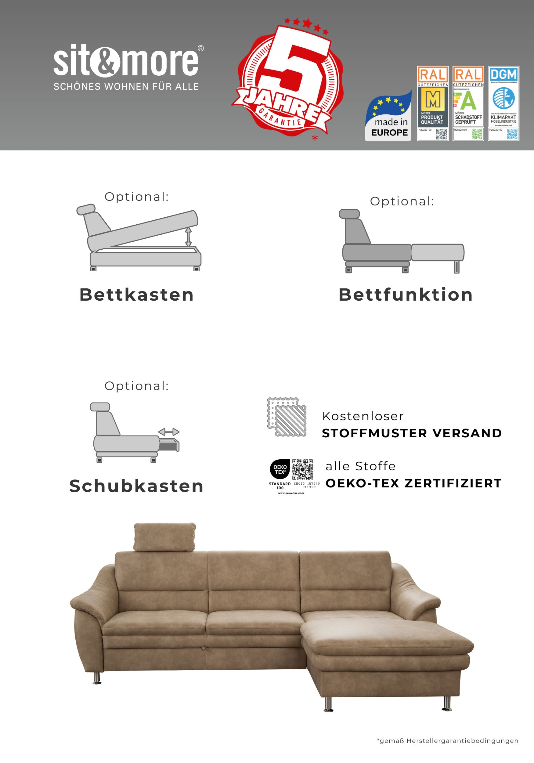 sit&more Wohnlandschaft »Cardoso U-Form« mit Federkern und Kopfstützen, mit Schlaffunktion und Relaxfunktion