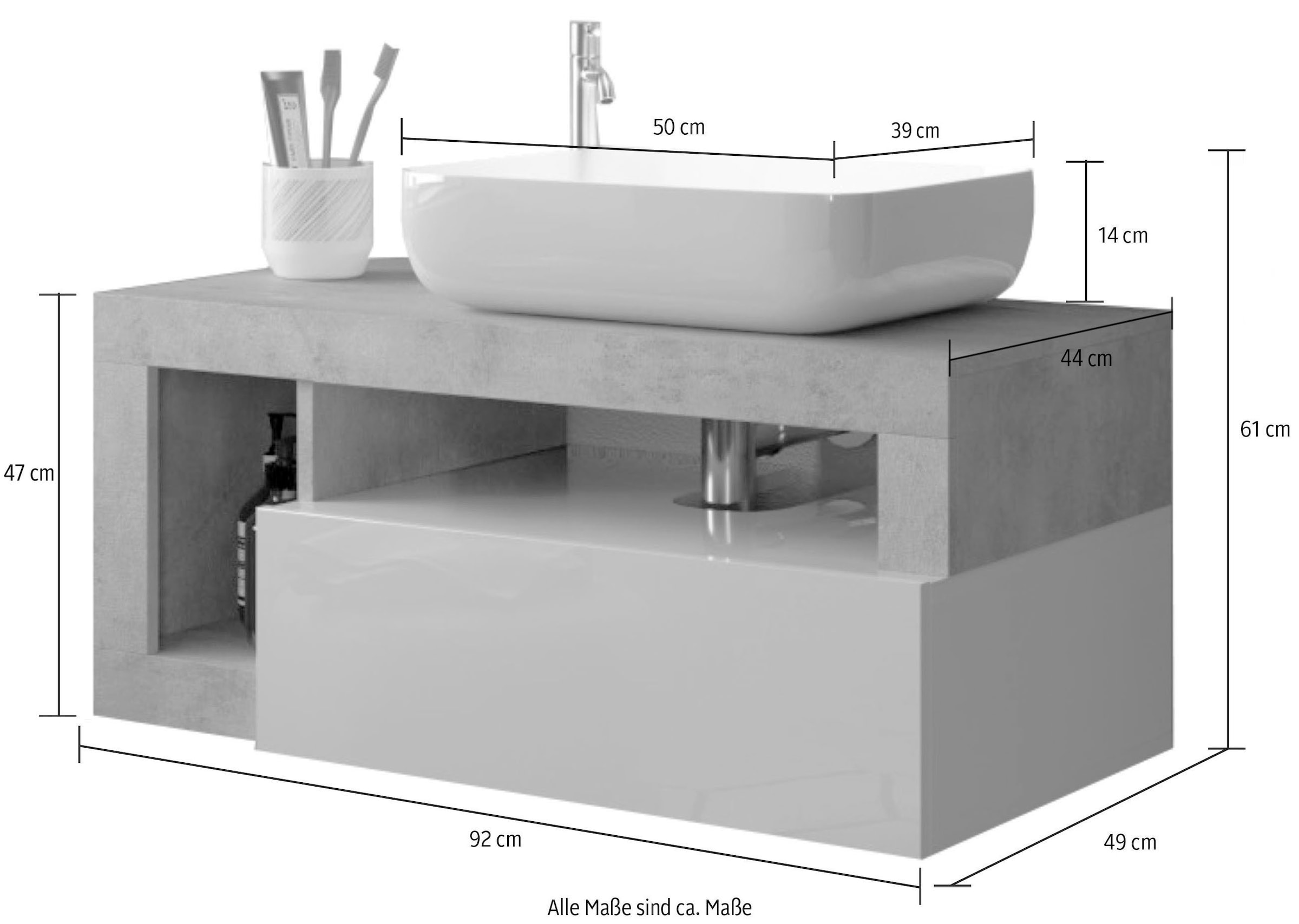 welltime Waschtisch »Hamburg« 1 Schubkasten, Breite 92 cm, Soft-Close, inkl. Keramik-Aufsatzbecken