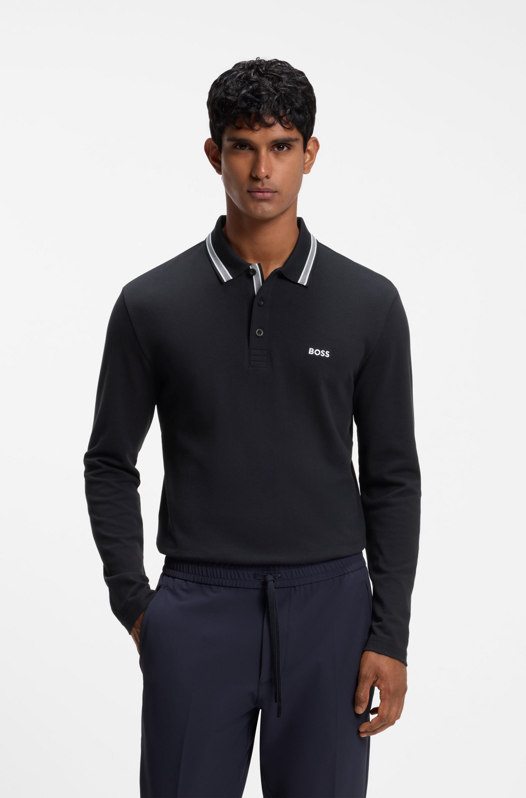 BOSS GREEN Langarm-Poloshirt »Plisy« mit Streifen am Kragen