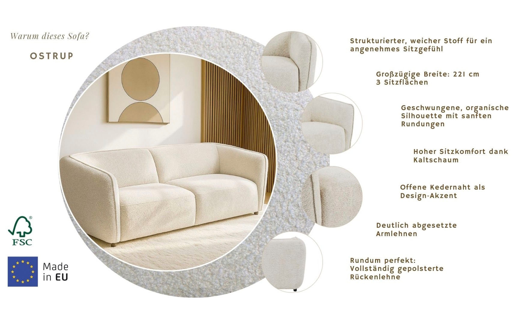 Home affaire 3-Sitzer »OSTRUP, Naturtöne, Boucle« Breite 221 cm, organische Form mit sanften Rundungen