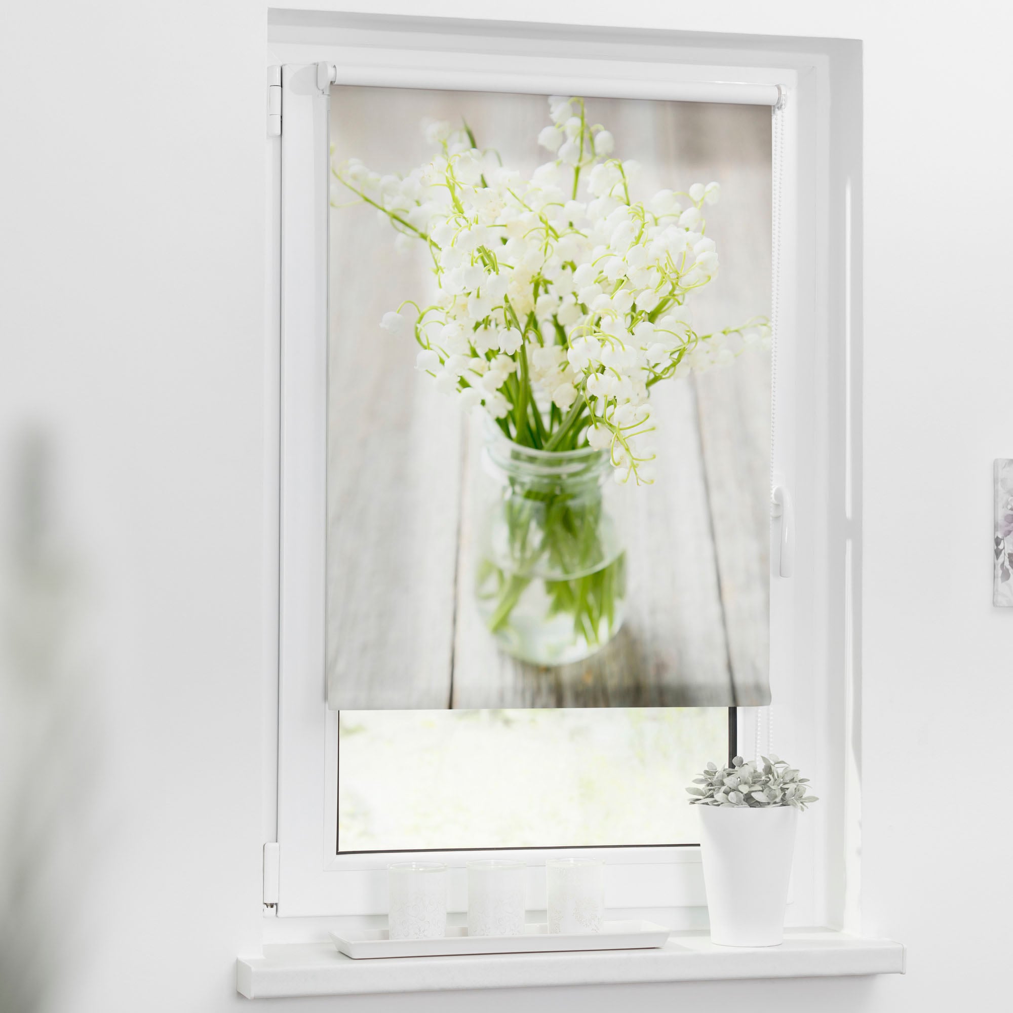 LICHTBLICK ORIGINAL Seitenzugrollo »Klemmfix Motiv Maiglöckchen«, Lichtschutz, ohne Bohren, freihängend, bedruckt