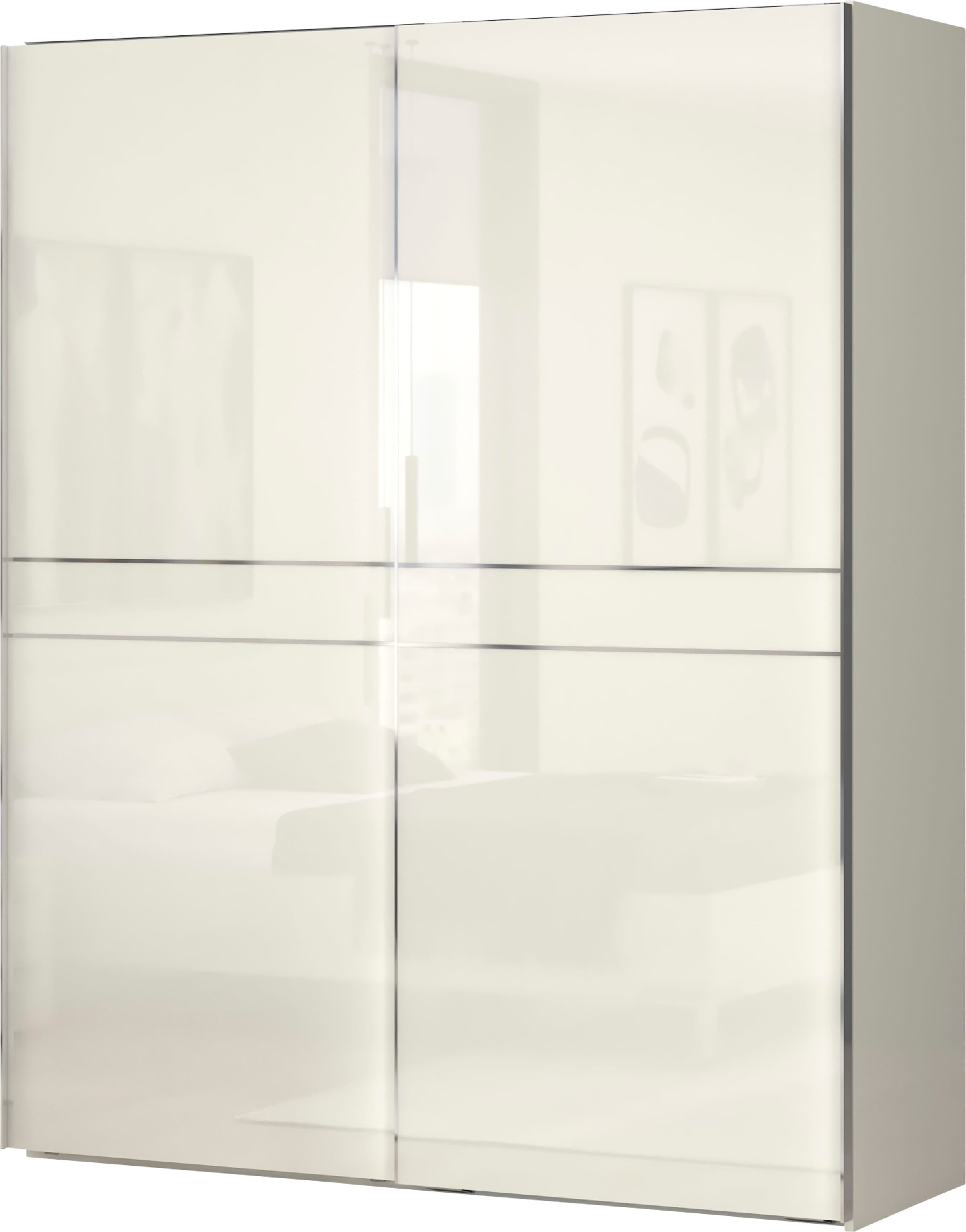 PLACES OF STYLE Schwebetürenschrank »Piano, FSC-zertifiziert, mit Einlegeböden und Kleiderstangen« in 3 Breiten, 224cm hoch, mit verchromten Aufleistungen,  UV lackiert, hochglänzend, mit Soft-Close Funktion, in beige oder weiß