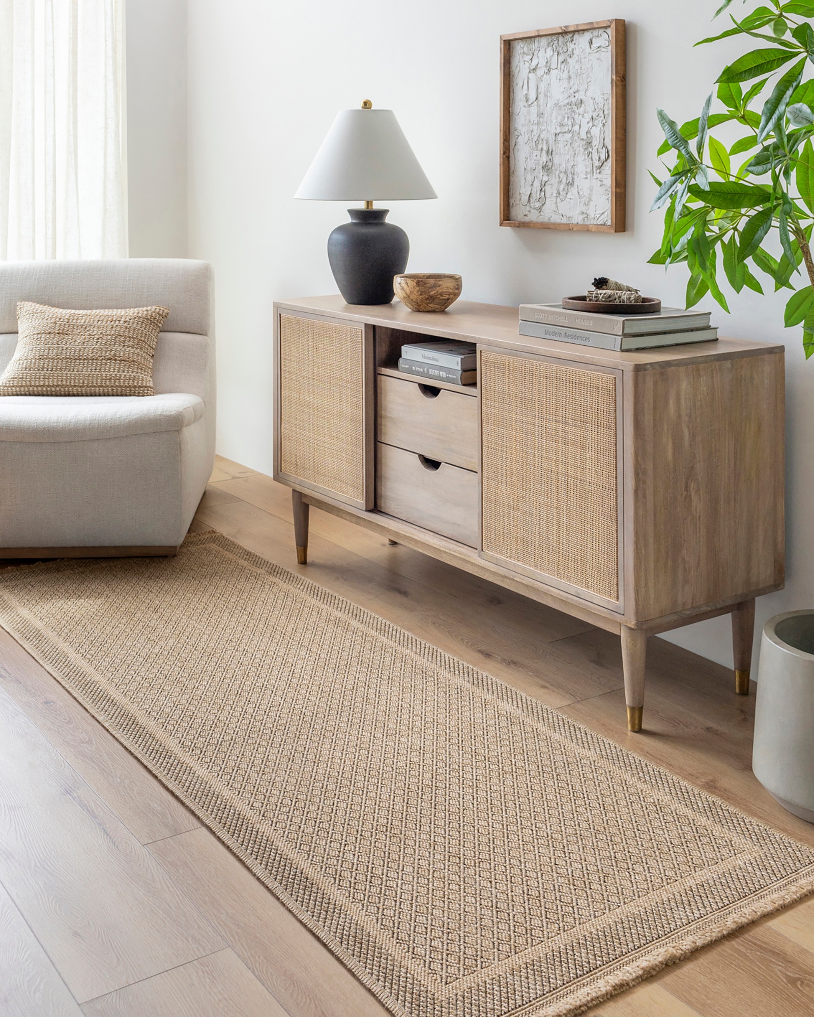 Livabliss Mirage Cottage Tan Black Fringe Jute-Look In- & Outdoor Rug in Beige | Size: 80 cm x 220 cm
